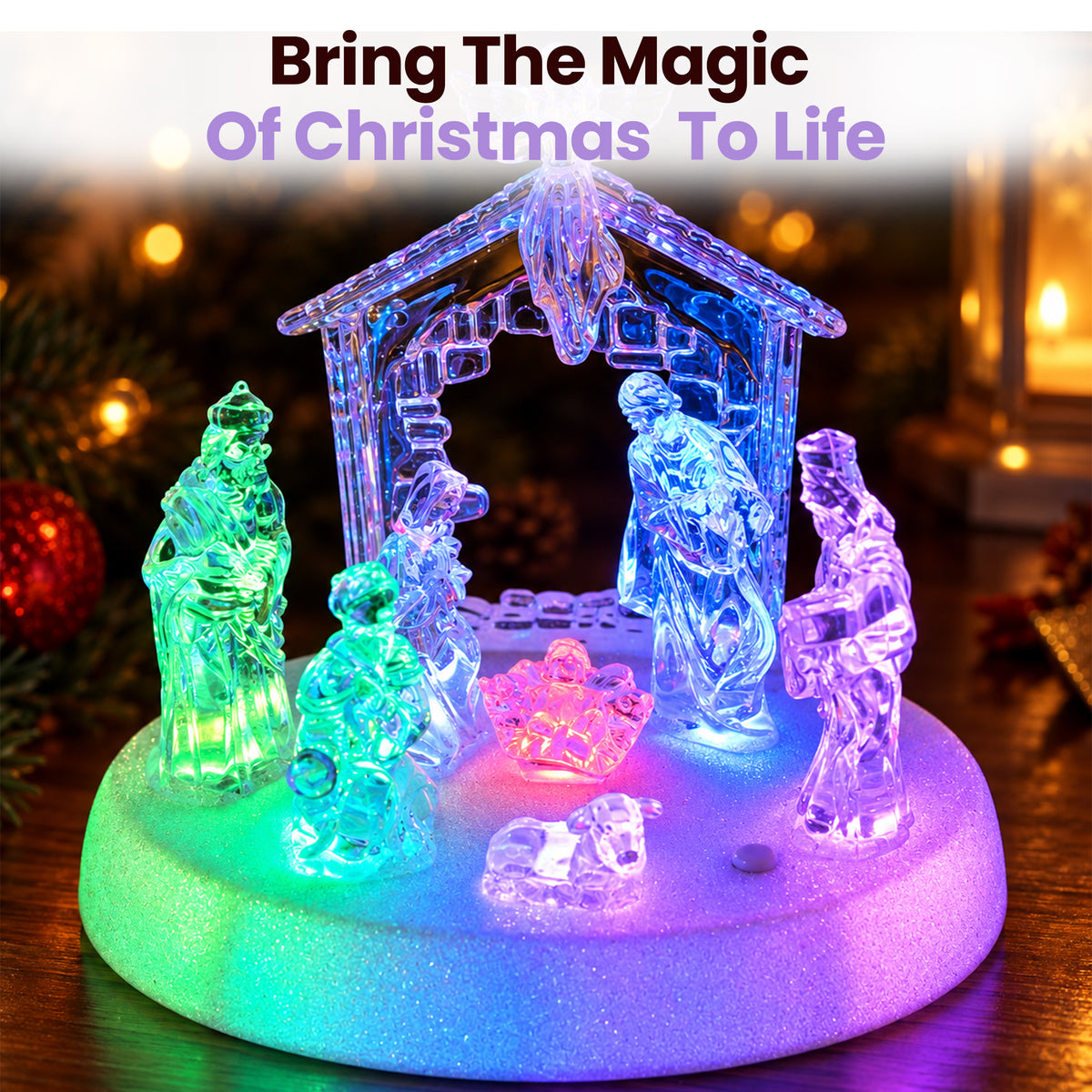 Acrylic Nativity Scene with LED Lights, Music & Auto-Changing Glow