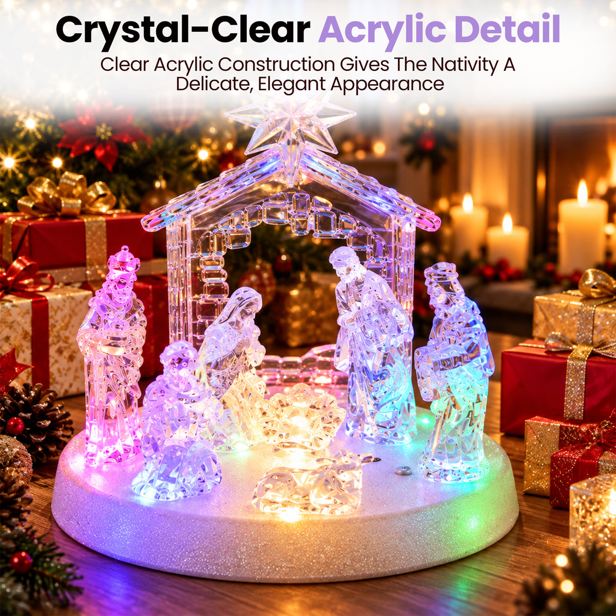 Acrylic Nativity Scene with LED Lights, Music & Auto-Changing Glow