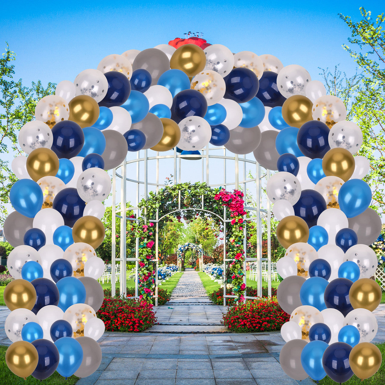 125pc Balloon Arch kit - Light Blue, Navy Blue, White, Grey, Metallic Gold with Gold & Silver Confetti Balloon Set