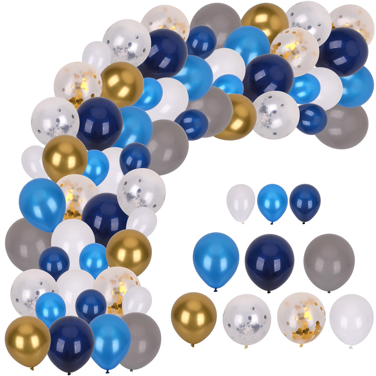 125pc Balloon Arch kit - Light Blue, Navy Blue, White, Grey, Metallic Gold with Gold & Silver Confetti Balloon Set