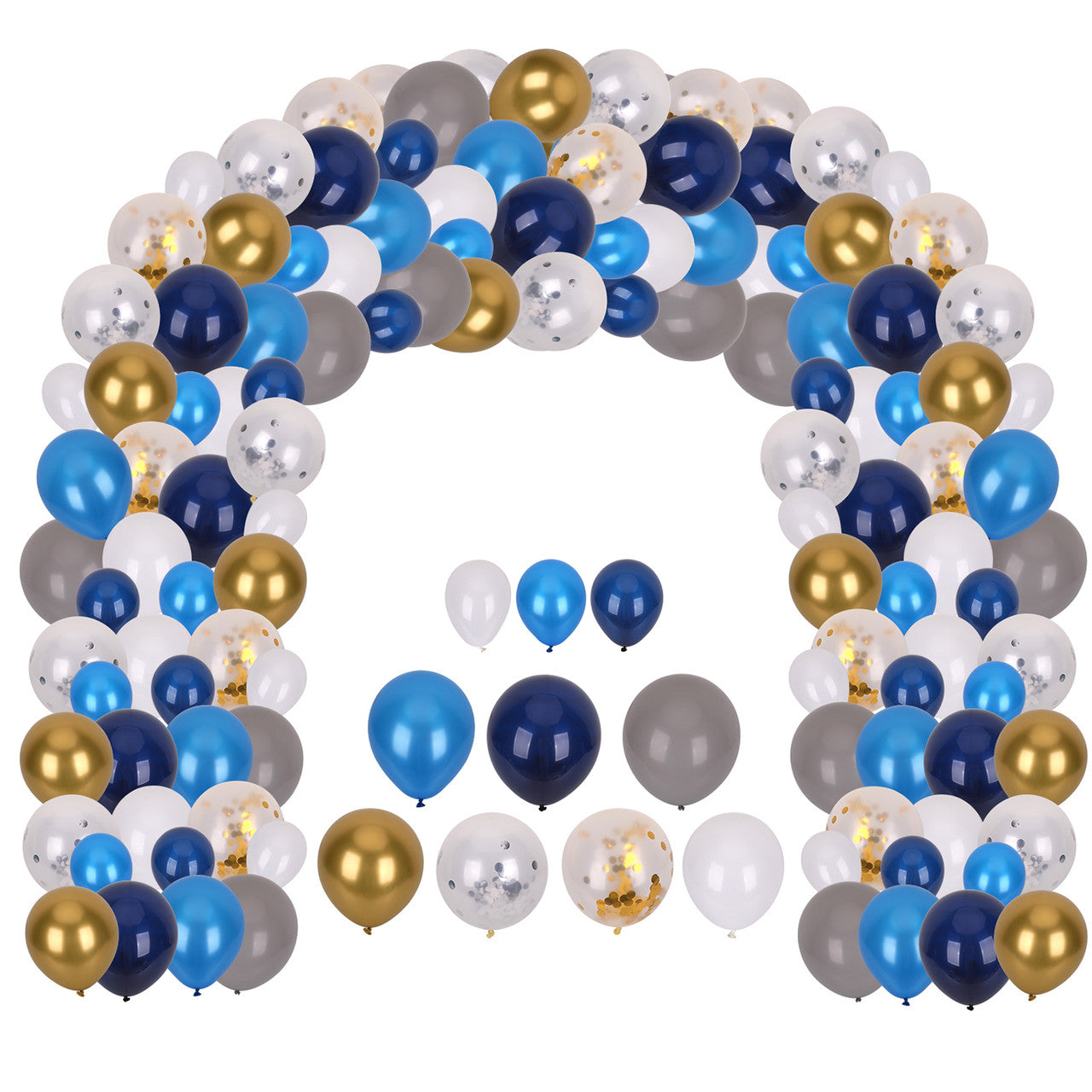 125pc Balloon Arch kit - Light Blue, Navy Blue, White, Grey, Metallic Gold with Gold & Silver Confetti Balloon Set