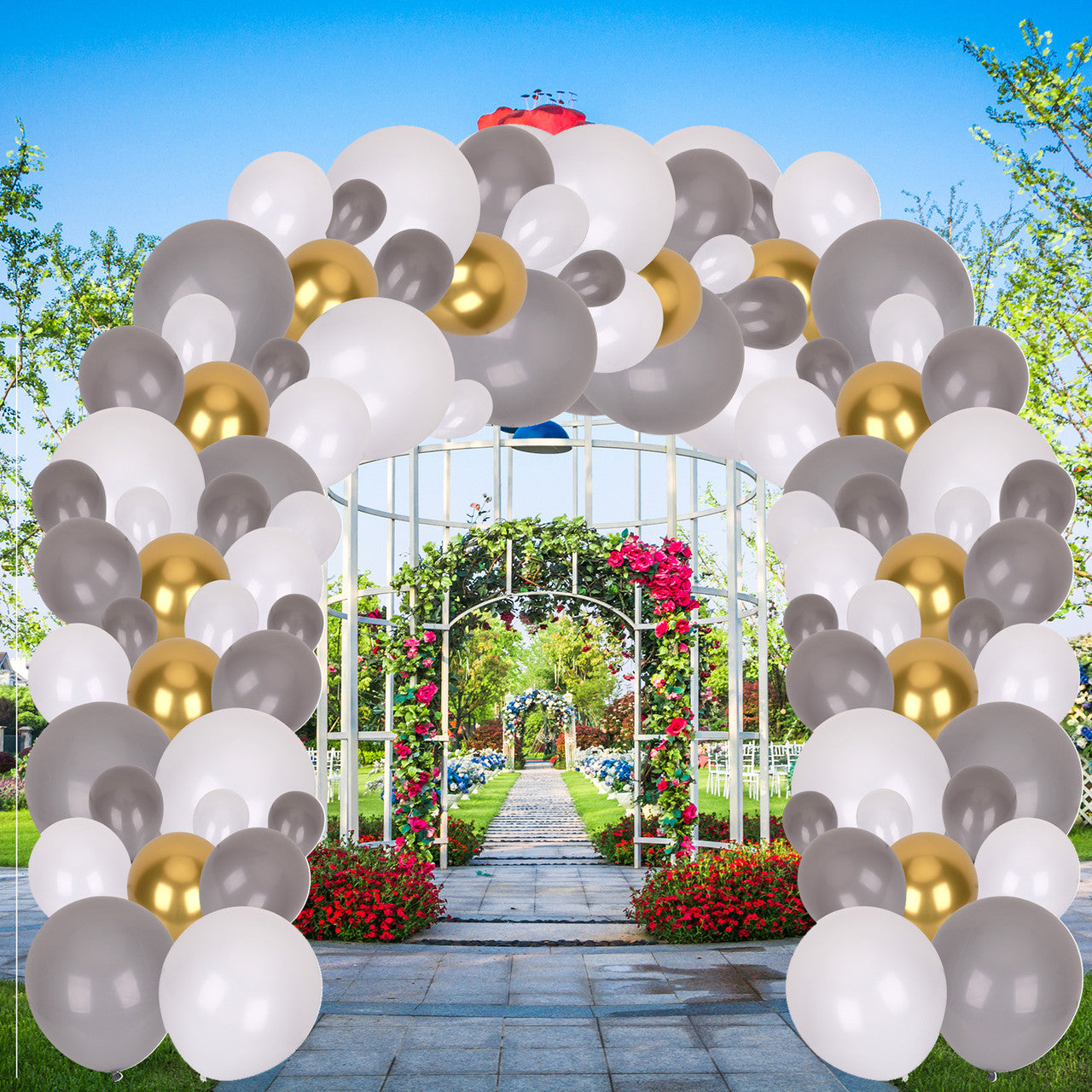 177pc Balloon Arch kit - Assorted Size Grey & White Balloon with Metallic Gold Balloon Set