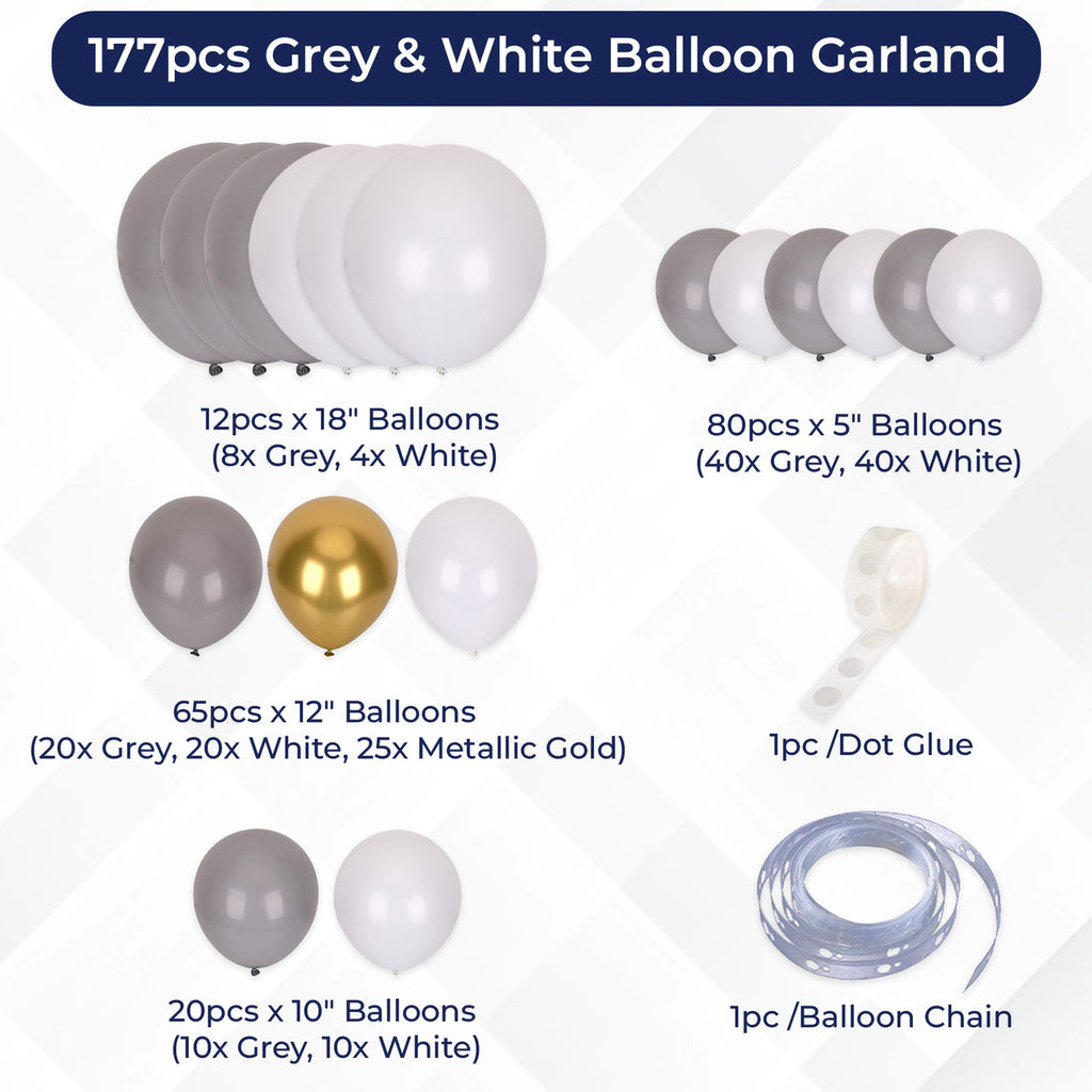 177pc Balloon Arch kit - Assorted Size Grey & White Balloon with Metallic Gold Balloon Set