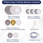 177pc Balloon Arch kit - Assorted Size Grey & White Balloon with Metallic Gold Balloon Set