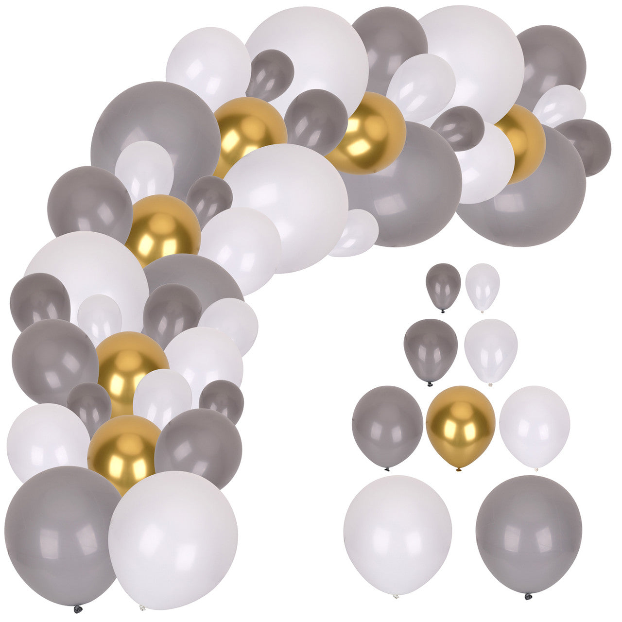 177pc Balloon Arch kit - Assorted Size Grey & White Balloon with Metallic Gold Balloon Set