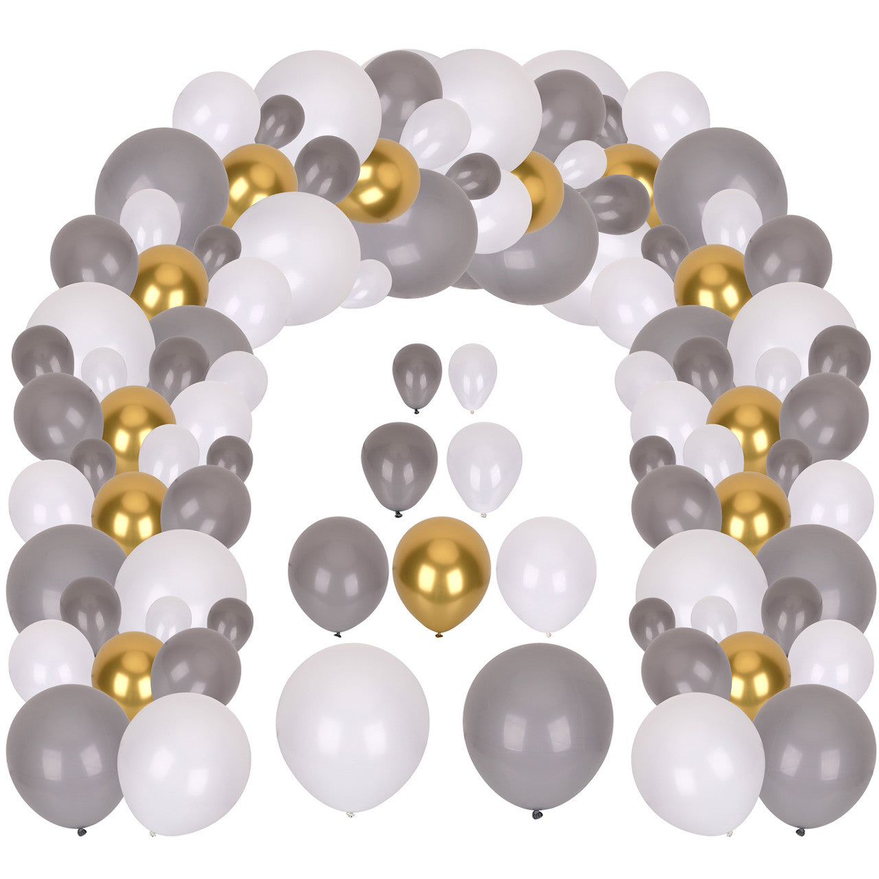 177pc Balloon Arch kit - Assorted Size Grey & White Balloon with Metallic Gold Balloon Set