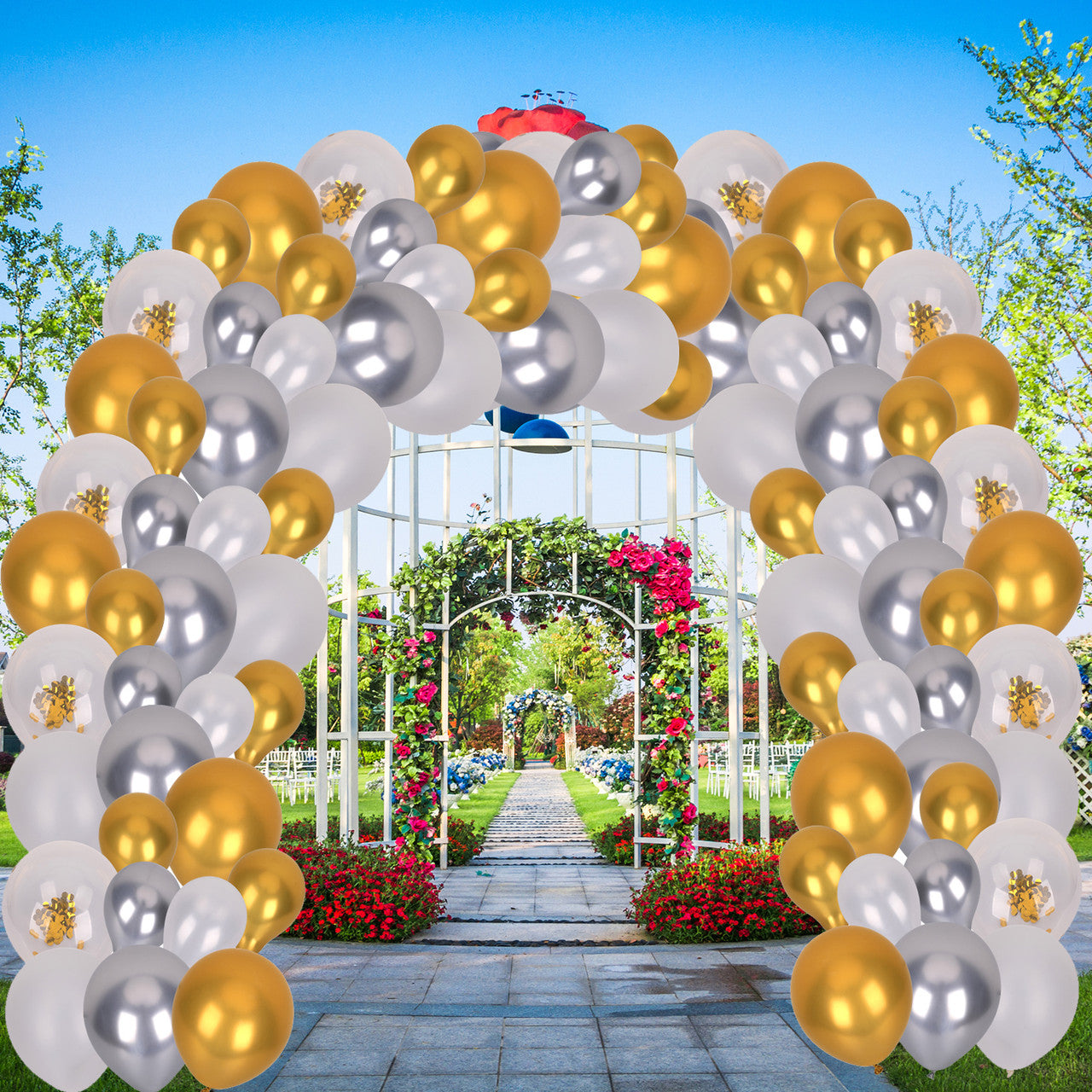 121pc Balloon Arch Kit - Metallic Silver, Champagne Gold, Plain White & Gold Confetti Balloon Set