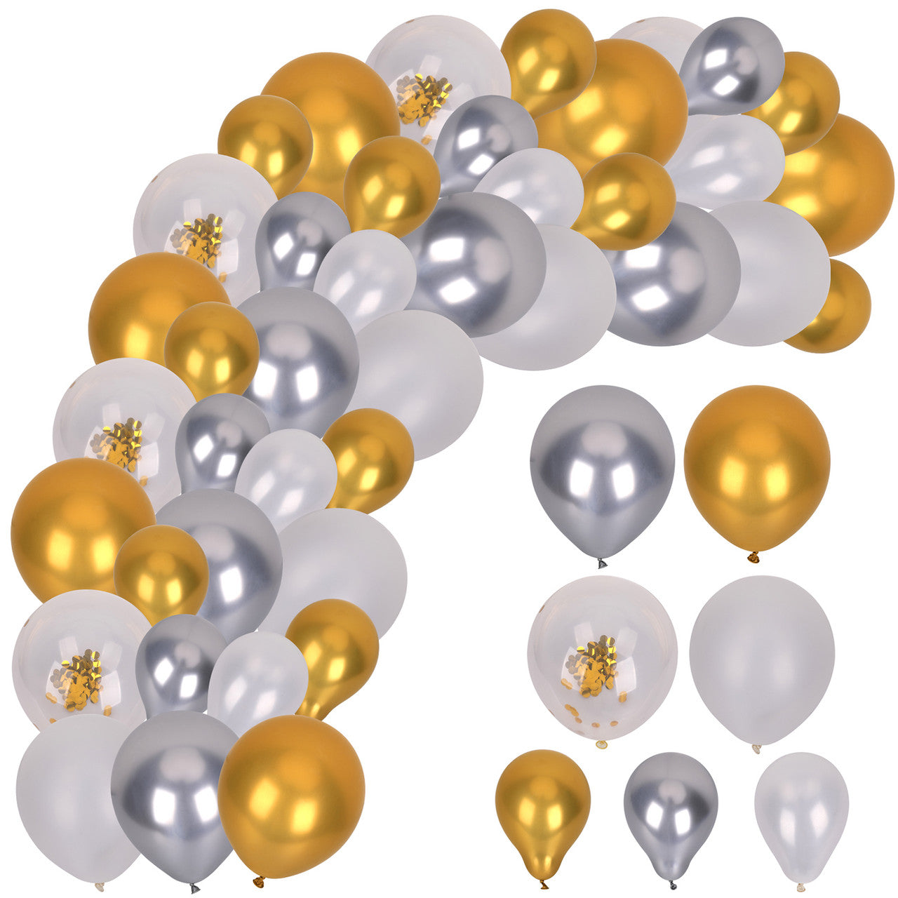 121pc Balloon Arch Kit - Metallic Silver, Champagne Gold, Plain White & Gold Confetti Balloon Set