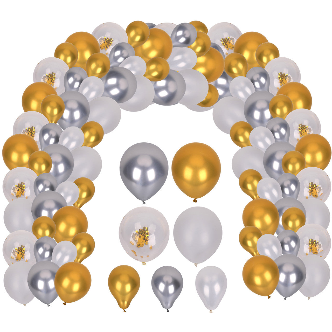 121pc Balloon Arch Kit - Metallic Silver, Champagne Gold, Plain White & Gold Confetti Balloon Set