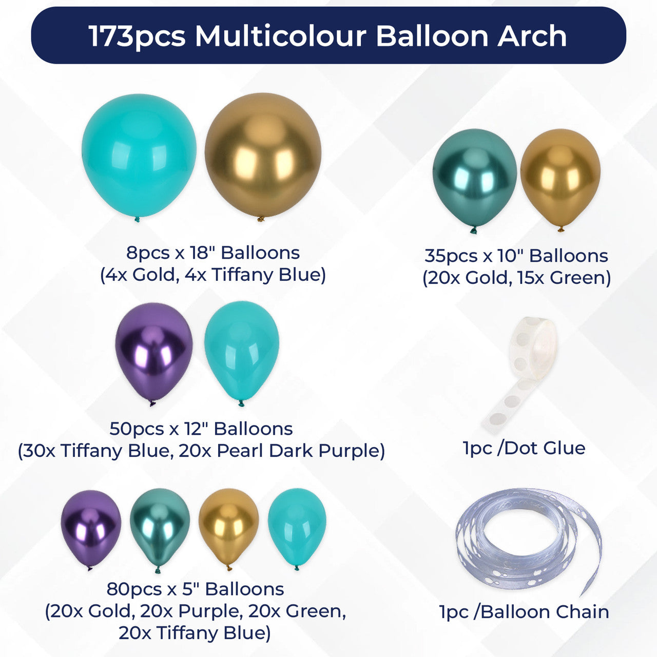 173pc Balloon Arch Kit - Purple, Tiffany Blue with Metallic Gold, Metallic Purple & Metallic Tiffany Blue Balloon Set