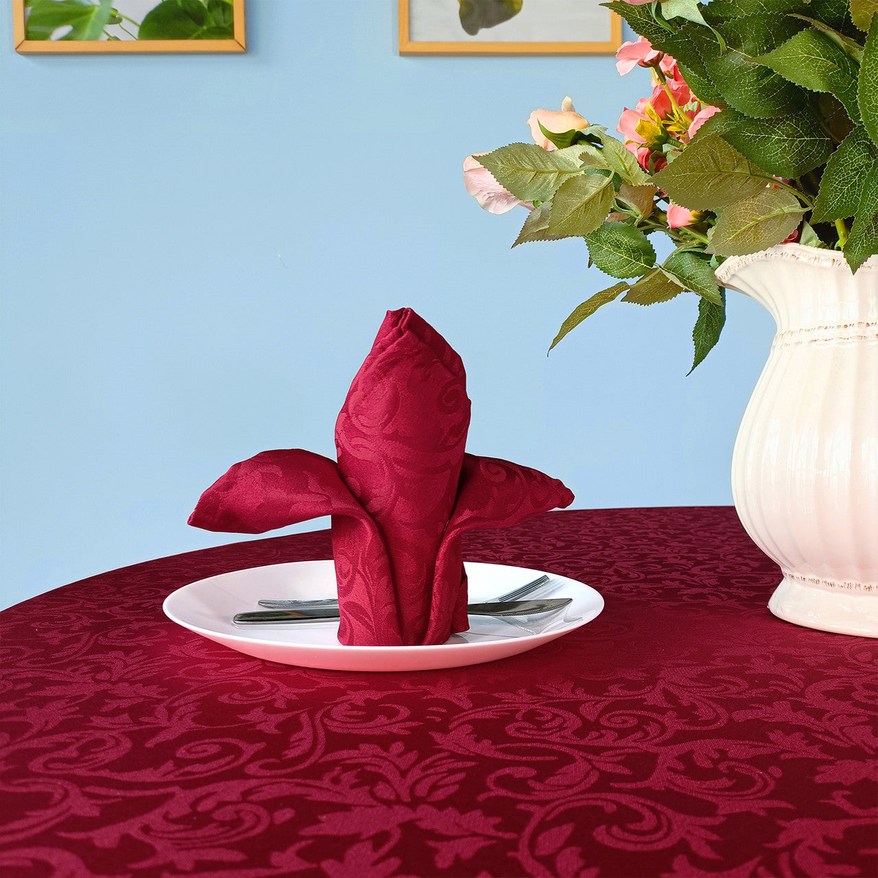 20" Green Damask Polyester Table Napkin - Red