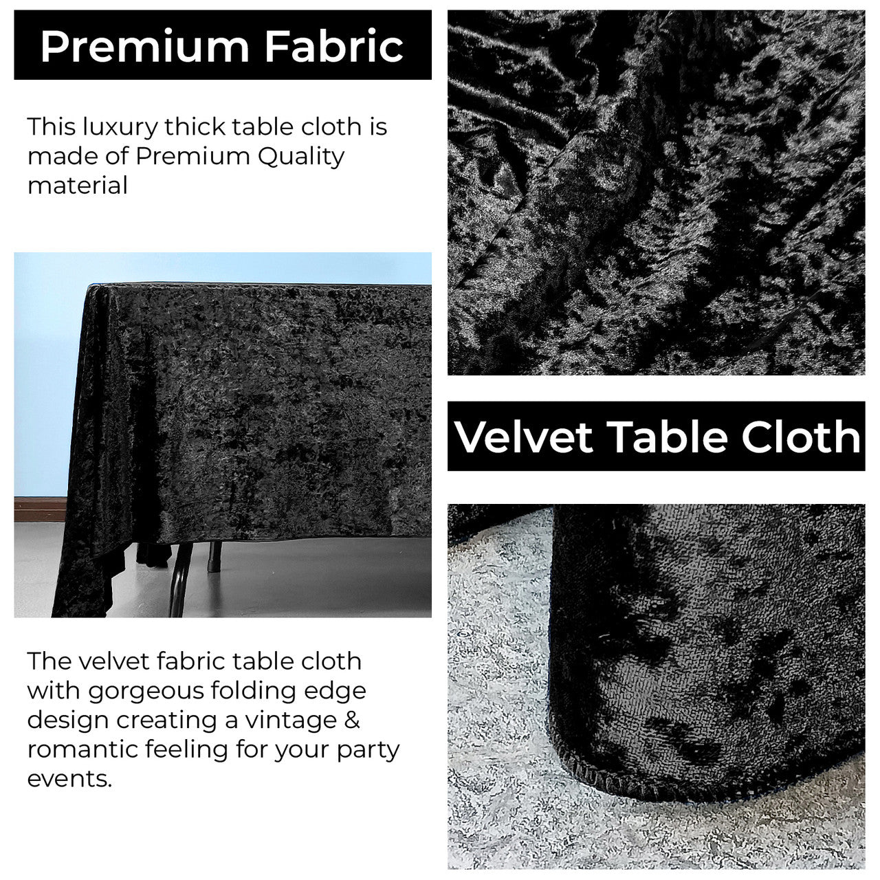 Square Crushed Velvet Tablecloth - Black