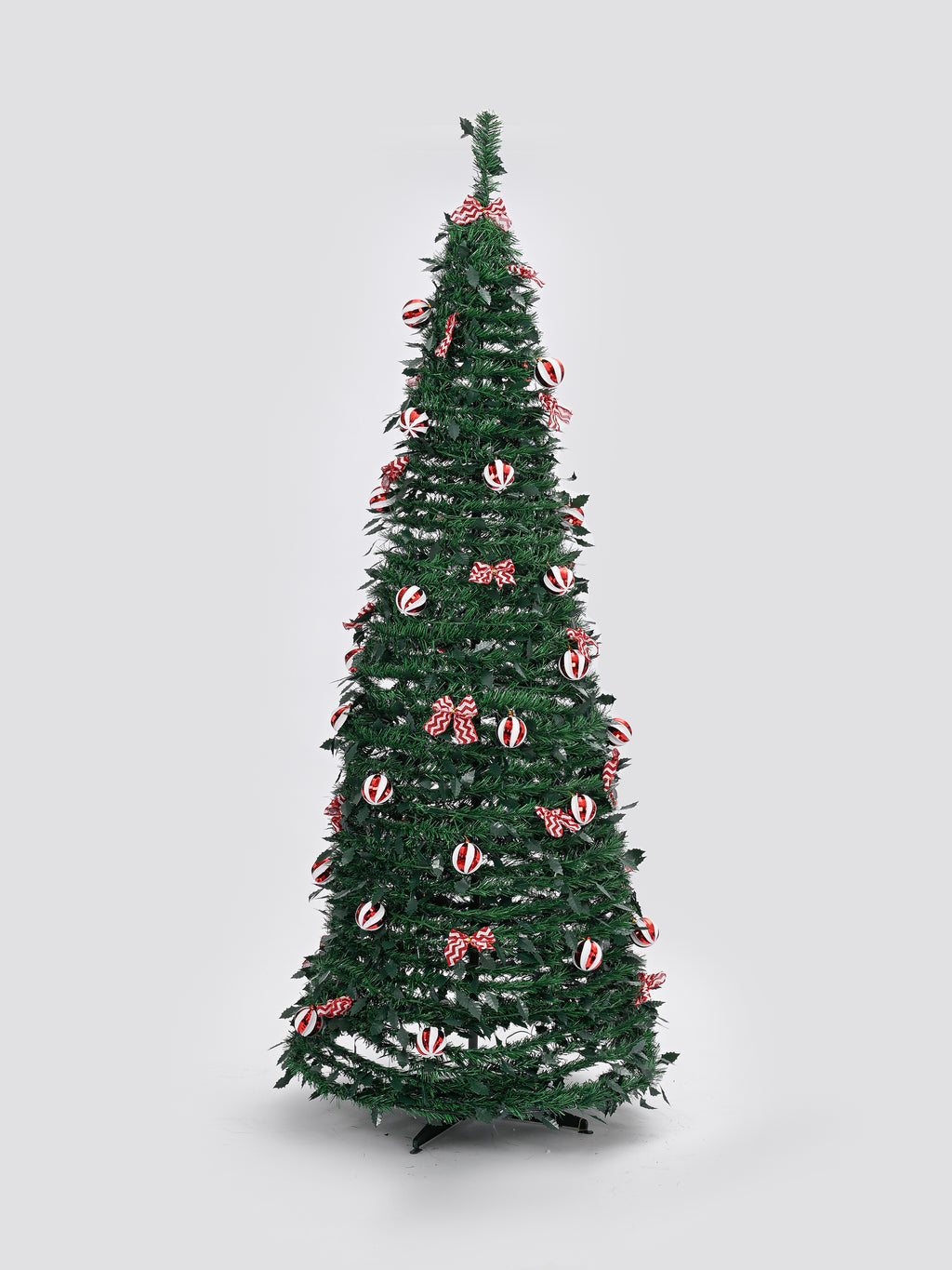 6ft Pop-Up Christmas Tree with 150 Warm White LED Lights, Red and White Baubles and Bows