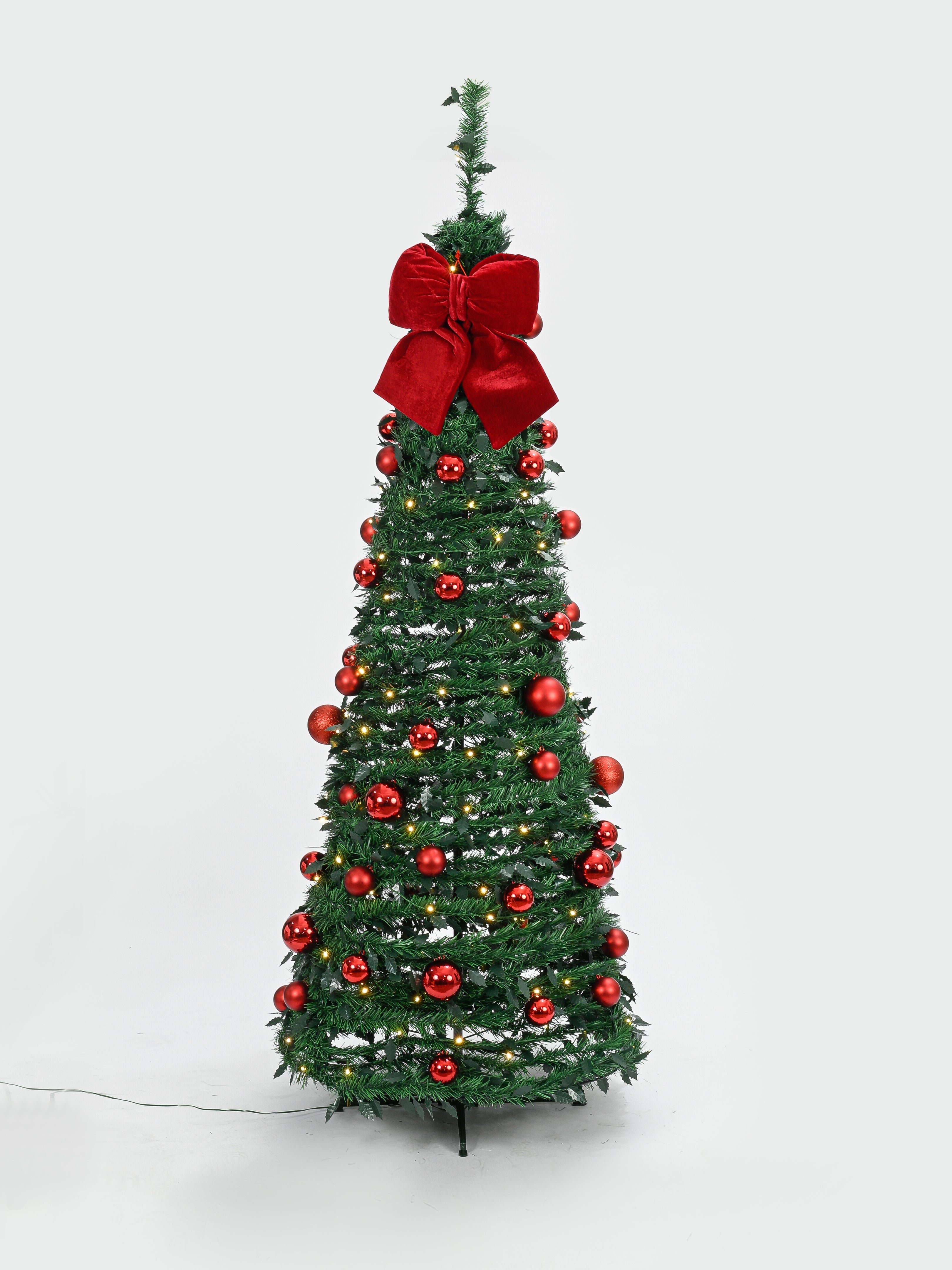 6ft Pop-Up Christmas Tree with 150 Warm White LED Lights, Red Bow Topper & Baubles
