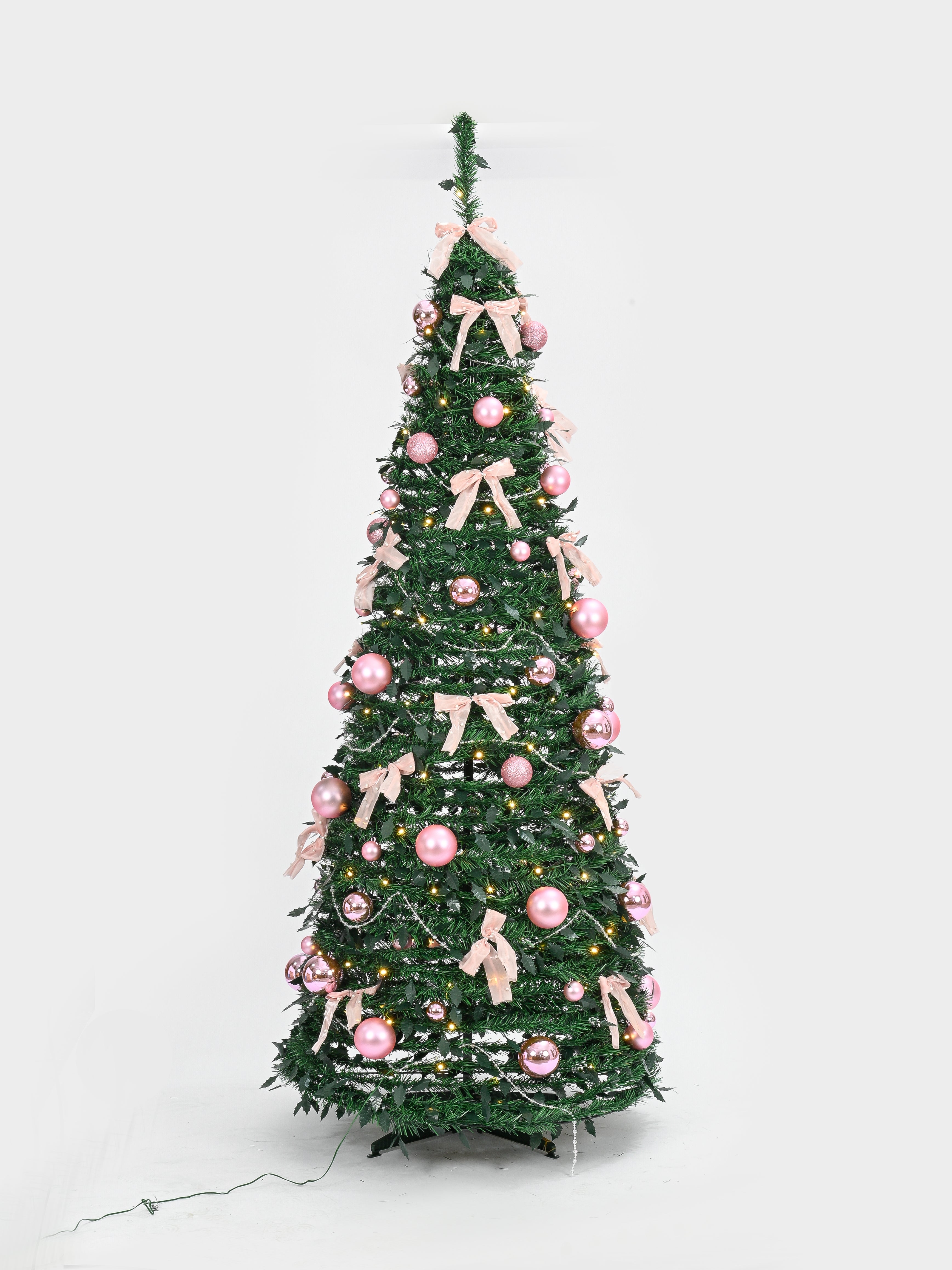 6ft Pop-Up Christmas Tree with 150 Warm White LED Lights, Pink Baubles & Ribbon Bows