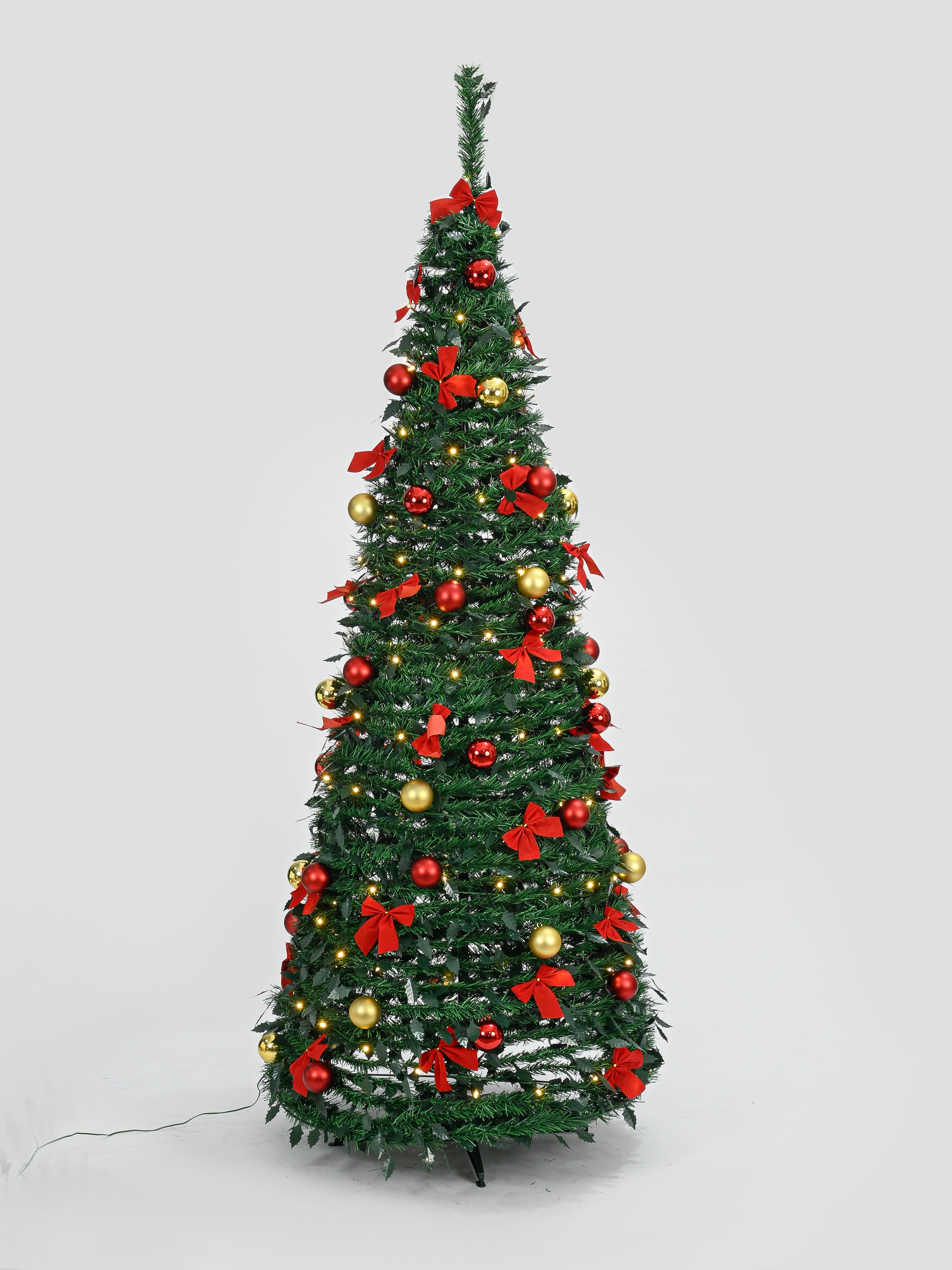 6ft Pop-Up Green Christmas Tree with 150 Warm White LED Lights, Red Bows & Gold Baubles