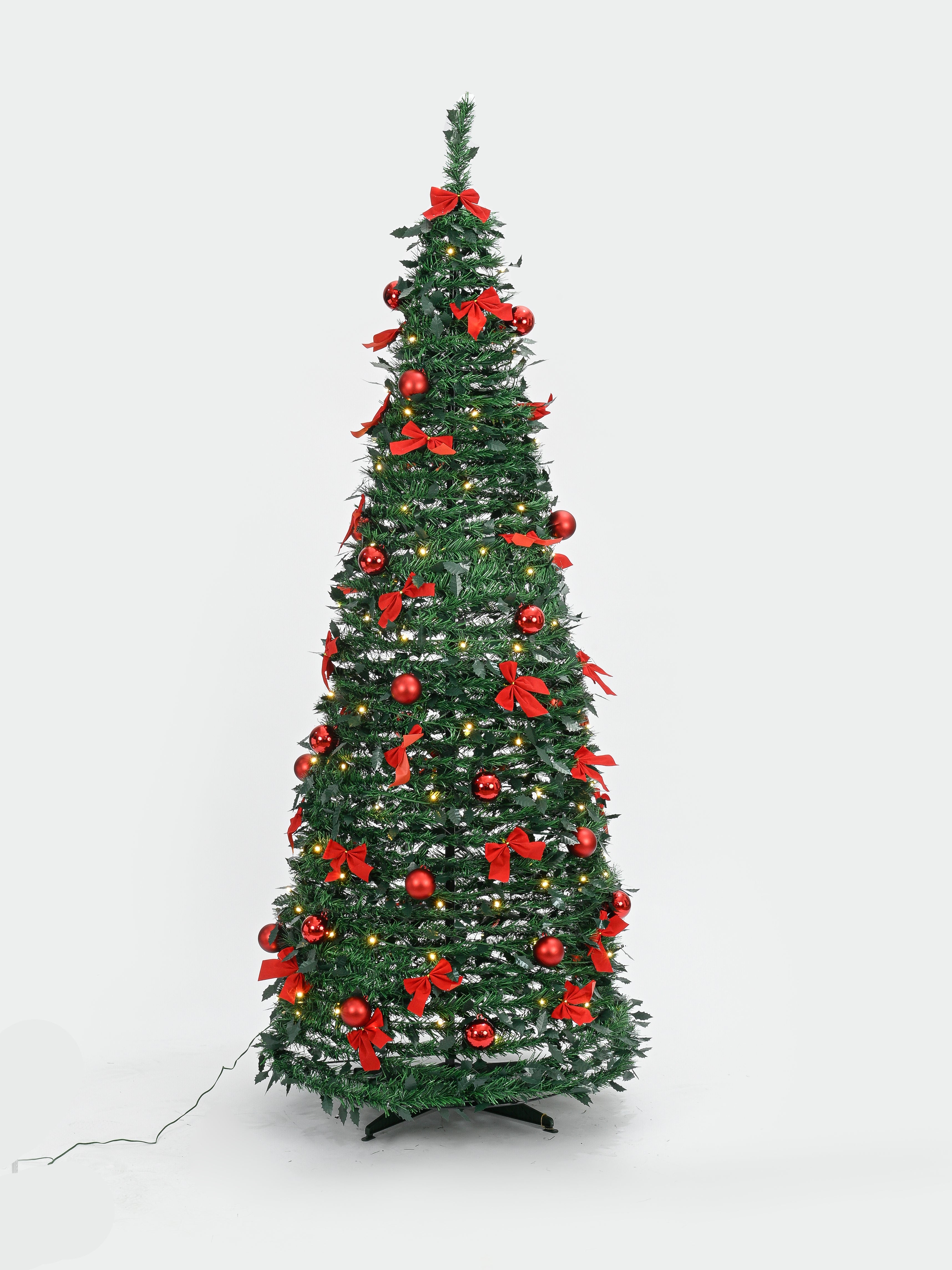 6ft Pop-Up Green Christmas Tree with 150 Warm White LED Lights, Red Baubles & Bows