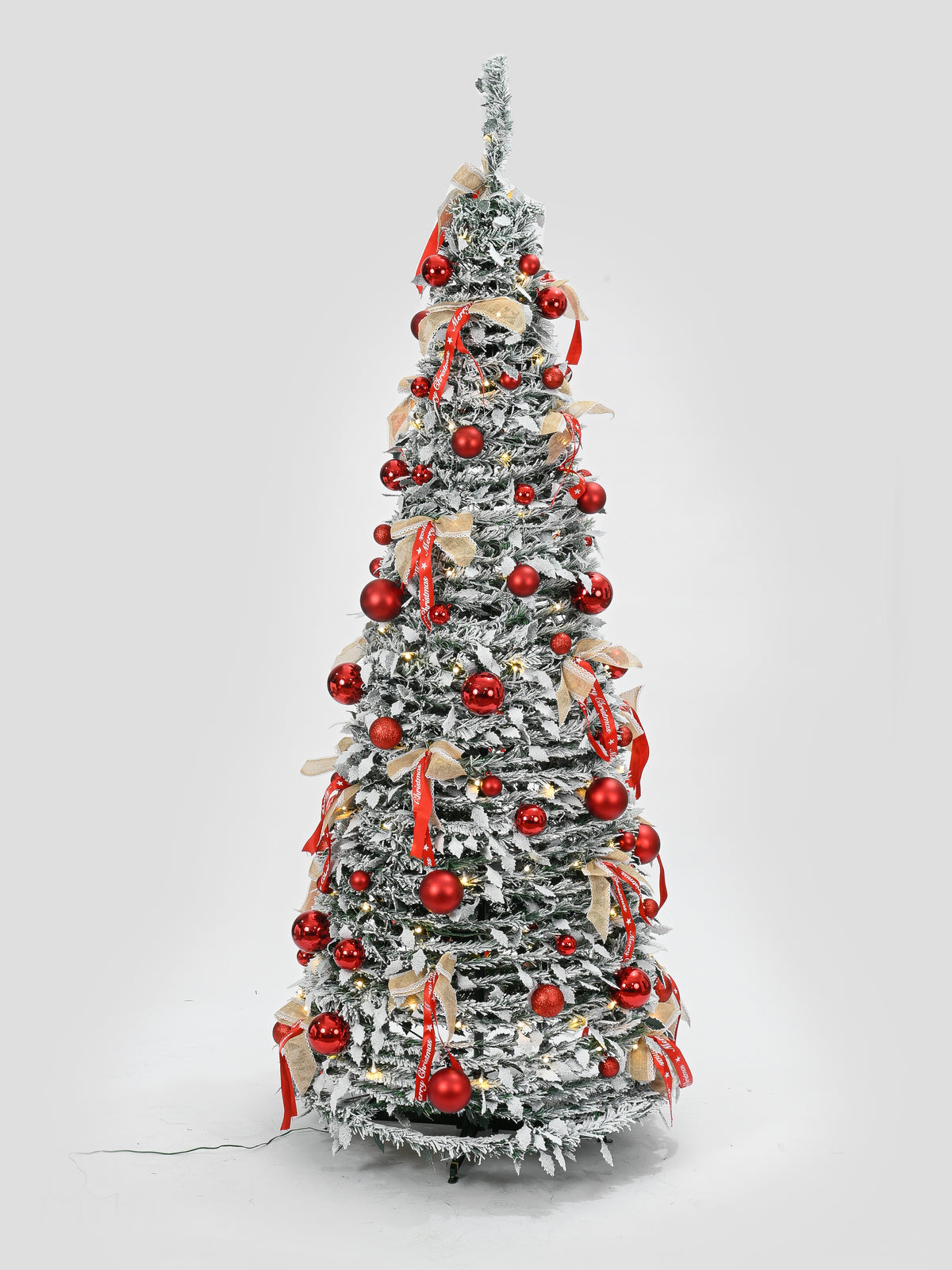 6ft Pop-Up Silver Christmas Tree with 150 Warm White LED Lights, Red Baubles & Festive Bows