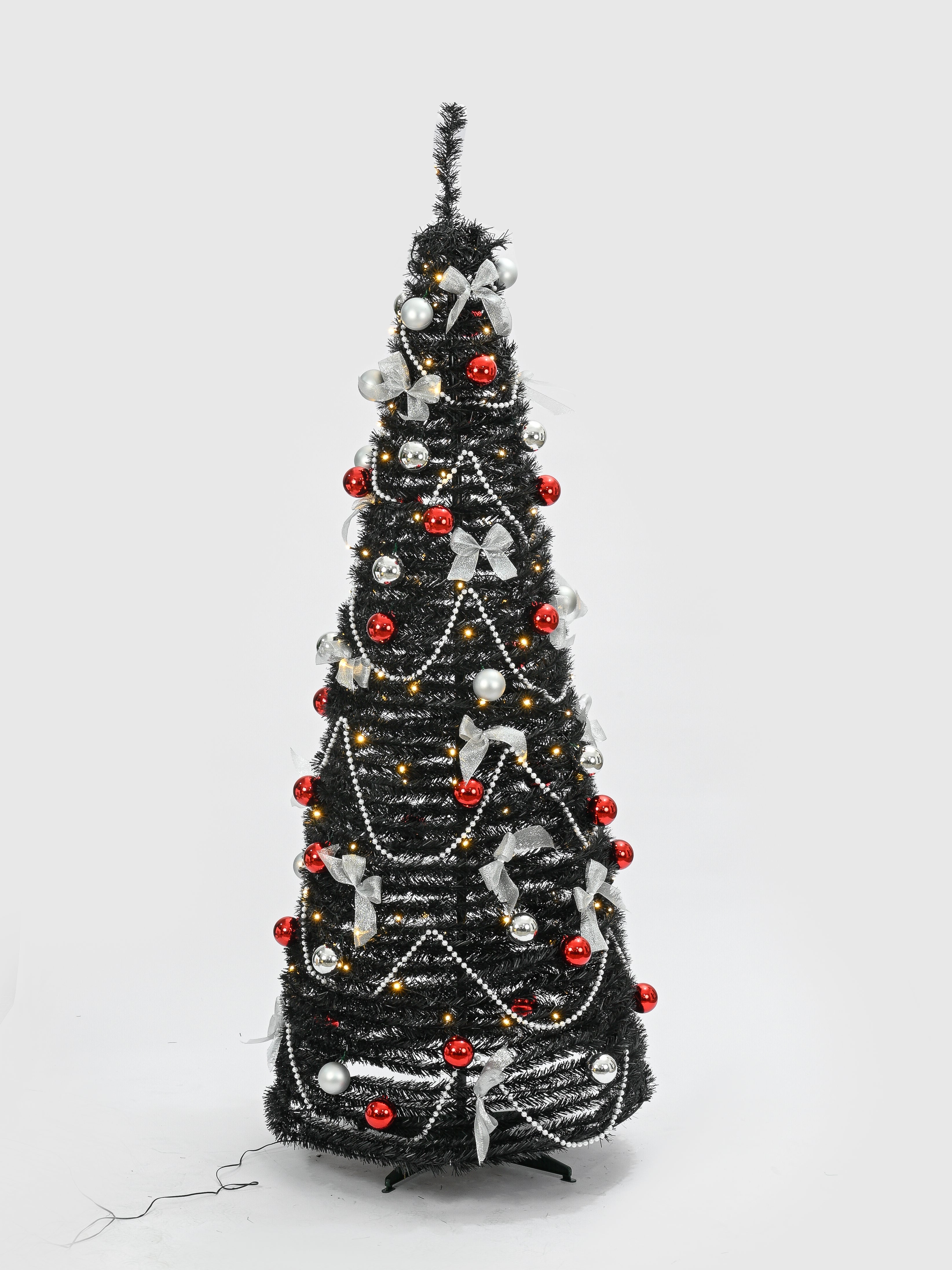 6ft Pop-Up Black Christmas Tree with 150 Warm White LED Lights, Red & Silver Baubles & Silver Bows
