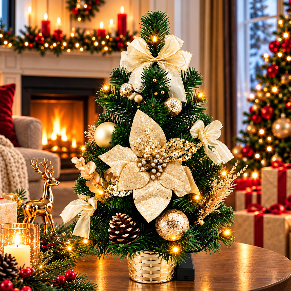 Decorated Table Top Christmas Tree with Red or Gold Poinsettia & LED Lights