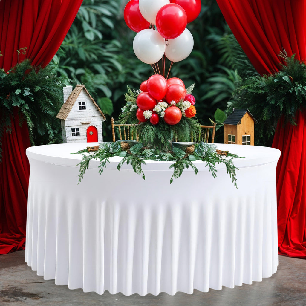 60" Round Spandex Tablecloth with Skirt - White