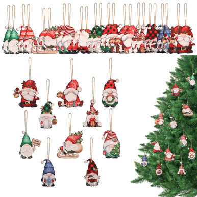 Wooden Gnome Christmas Ornaments – 24-Piece