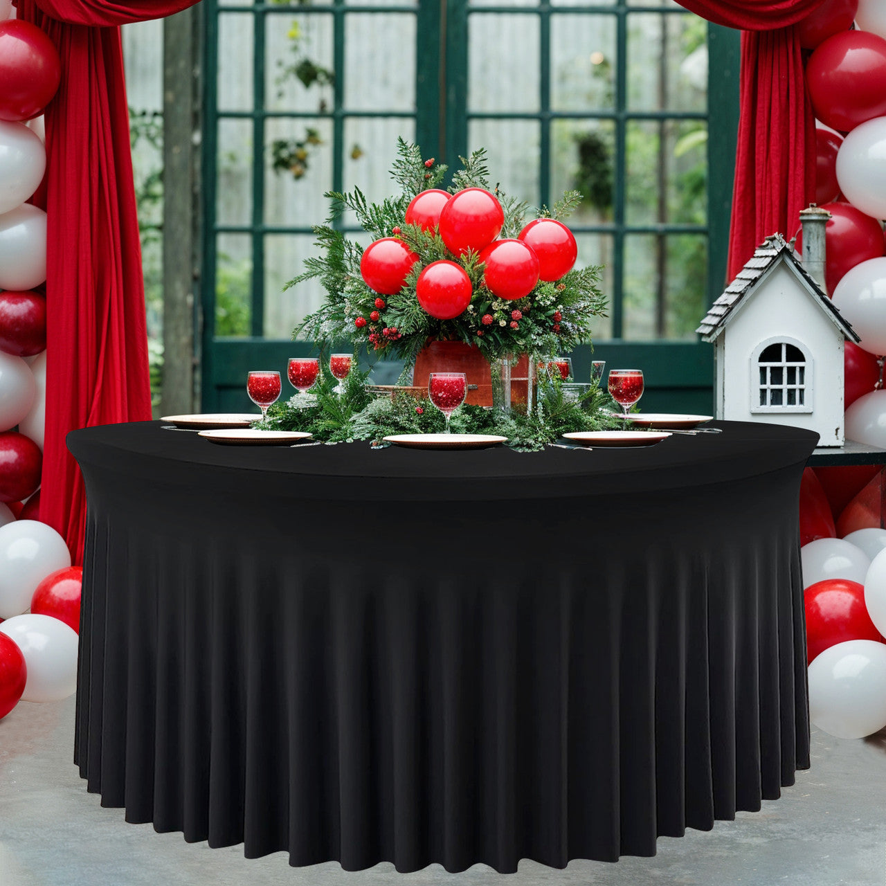 60" Round Spandex Tablecloth with Skirt - Black