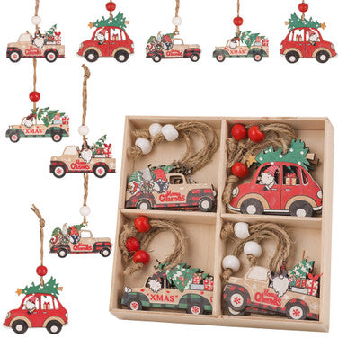 Wooden Santa Car Christmas Ornaments Set