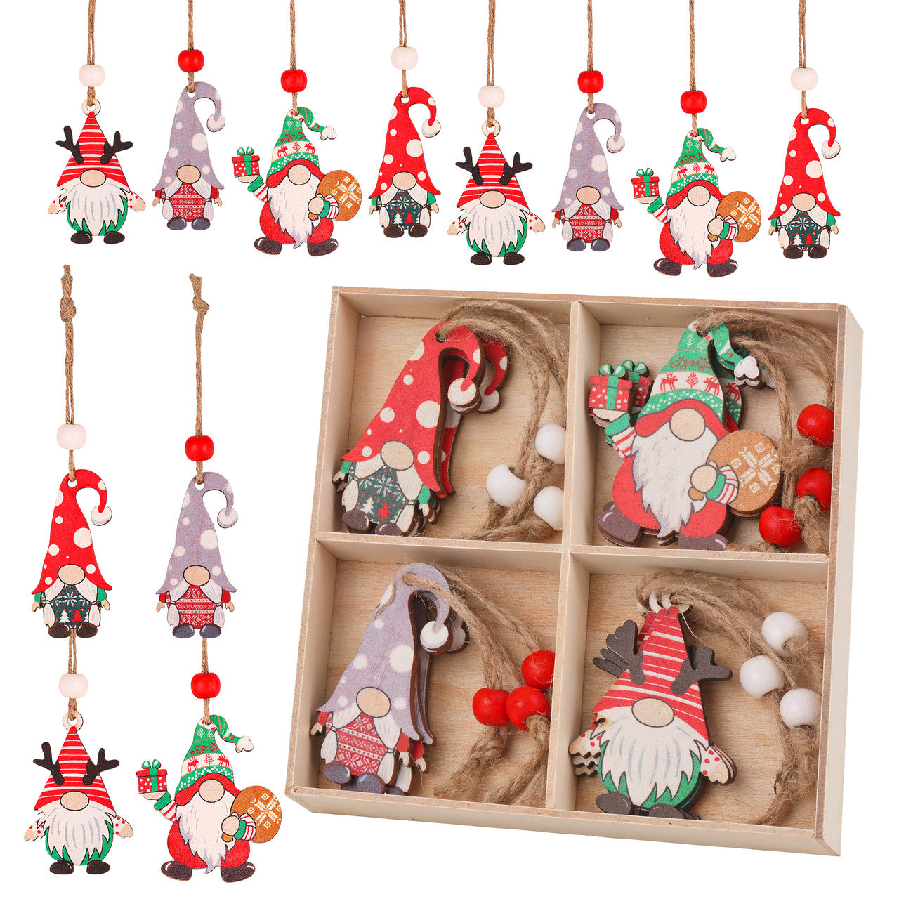 Wooden Christmas Gnome Ornaments – 12pc Set