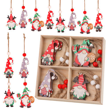 Wooden Christmas Gnome Ornaments – 12pc Set