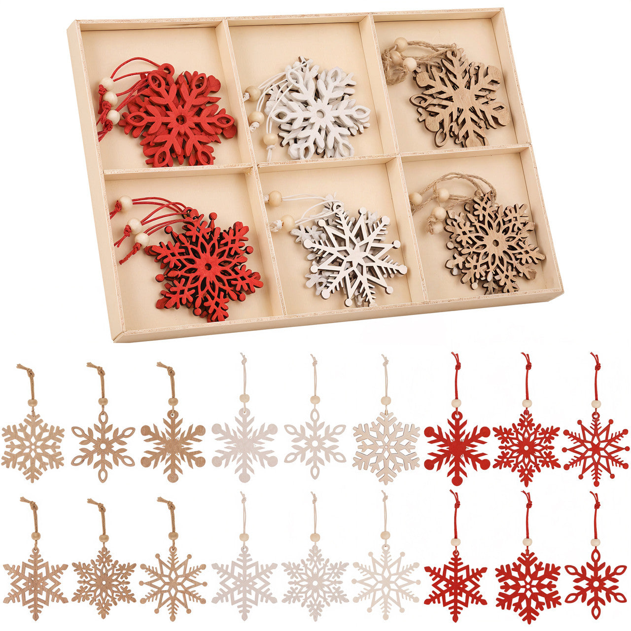 Laser Cut Wooden Snowflake Christmas Ornaments – 18-Piece