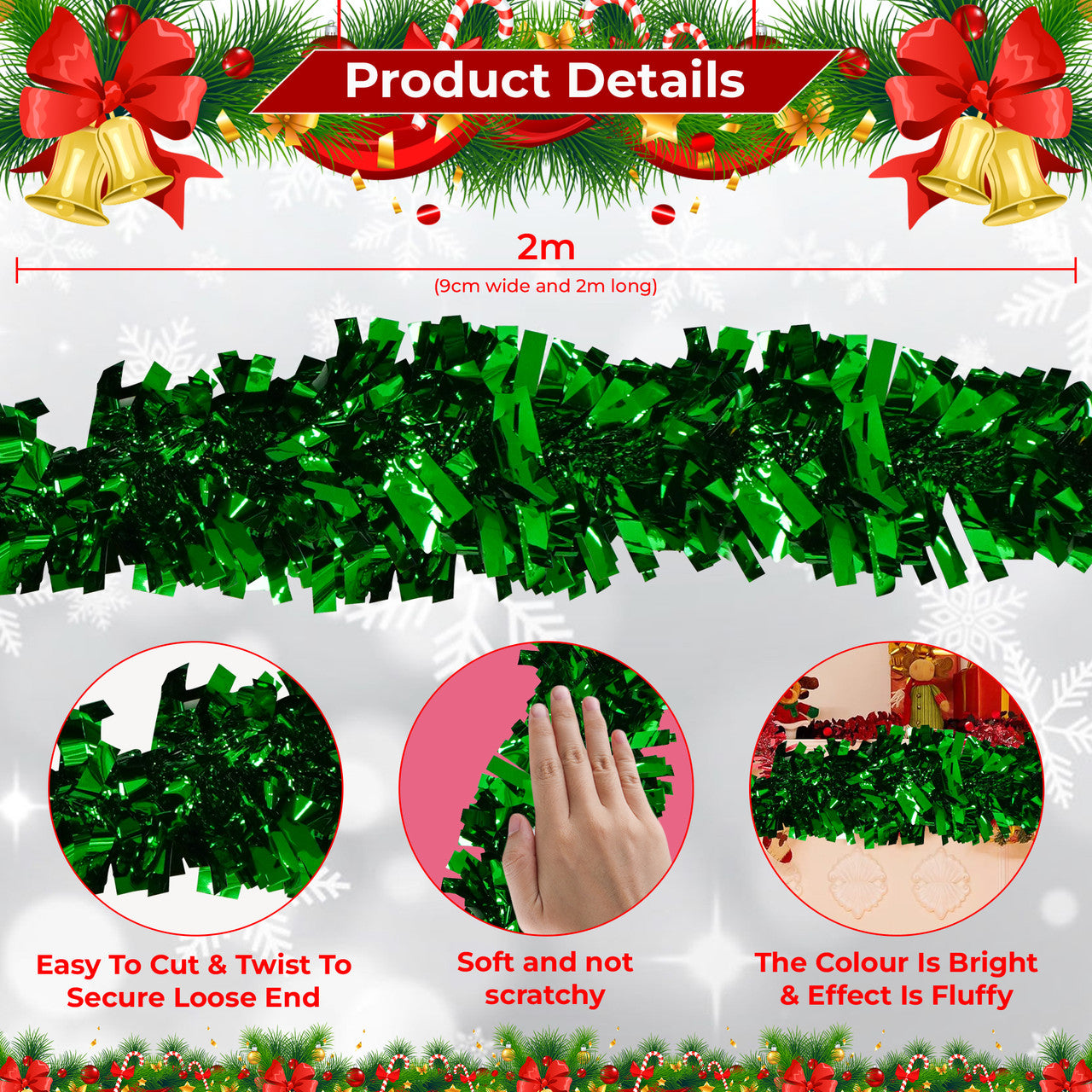 Christmas Wide Tinsel Garland - Forest Green