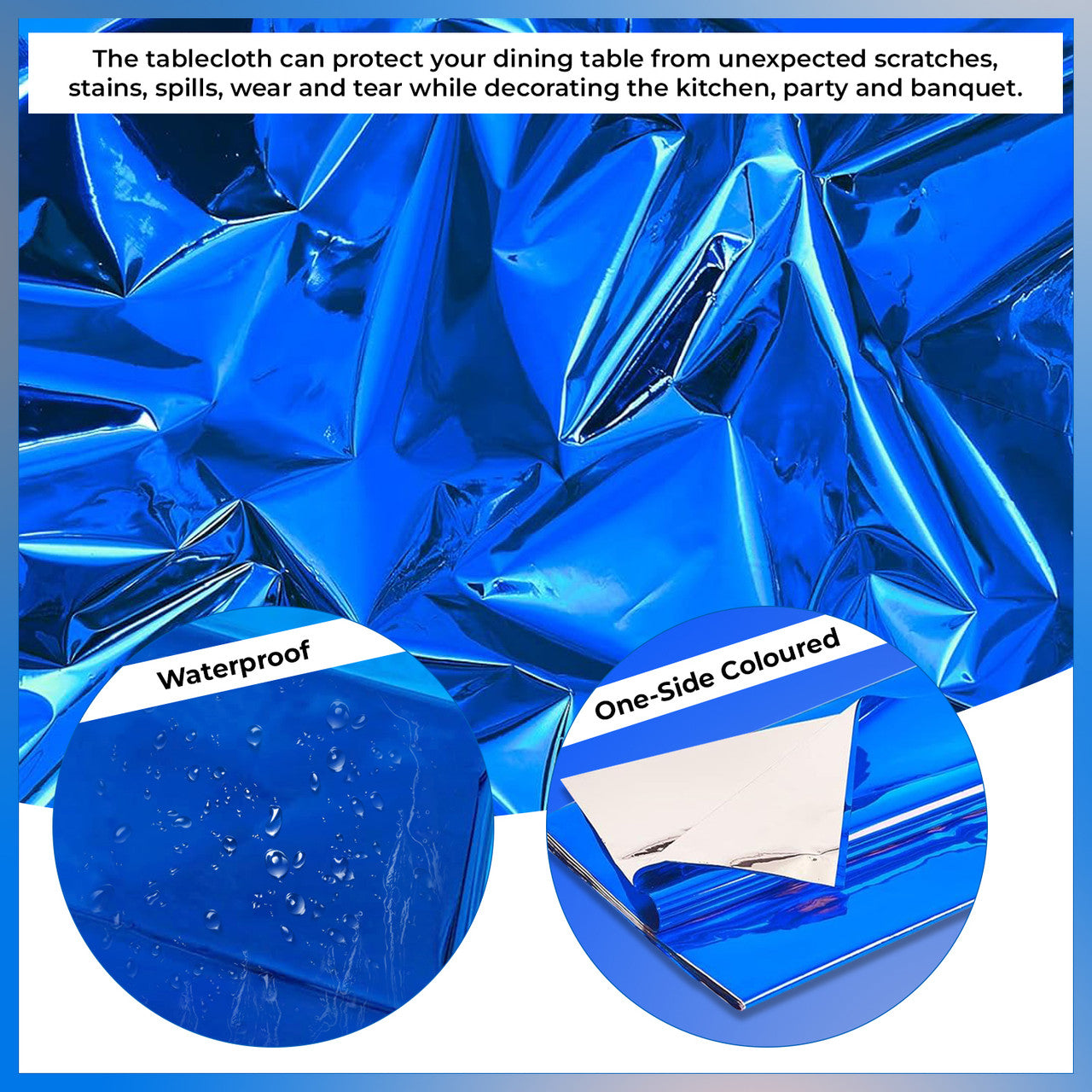 Blue Foil Rectangle Tablecloth for 6 to 8 Foot Table