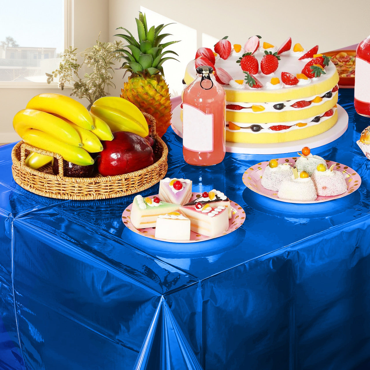 Blue Foil Rectangle Tablecloth for 6 to 8 Foot Table