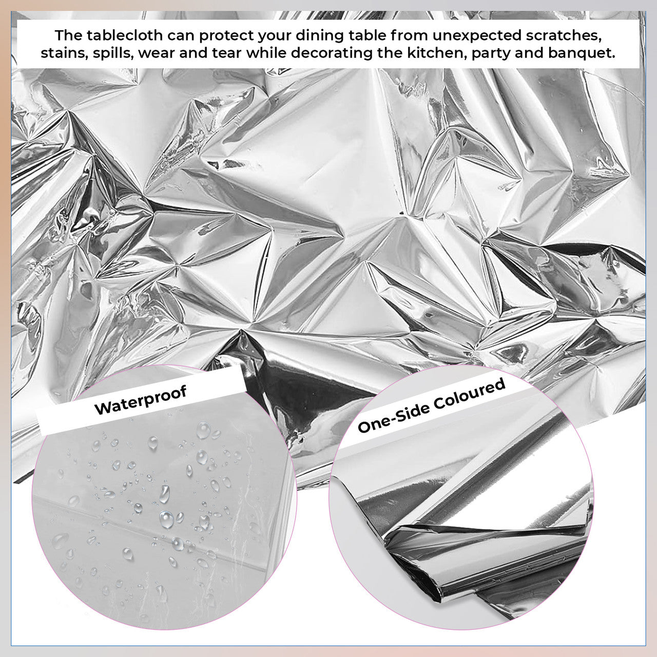 Silver Foil Tablecloth for 6 to 8 Foot Table