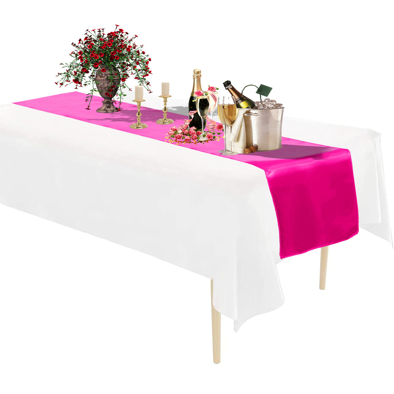 Plastic Tablecloth and Satin Table Runner Set - White & Fuchsia