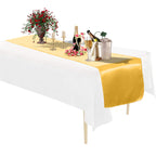 Plastic Tablecloth and Satin Table Runner Set - White & Gold