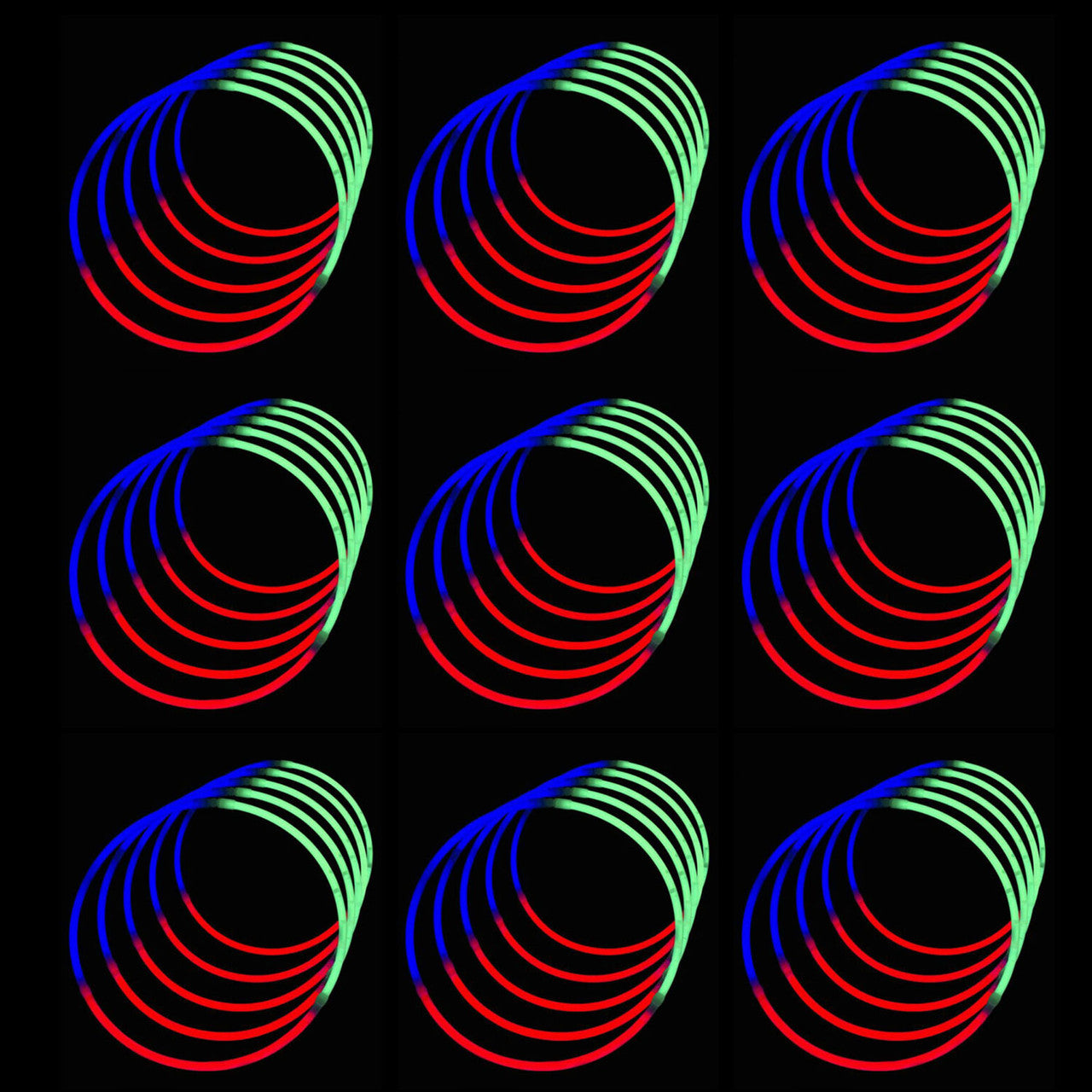 22" Premium Neon Glow Stick Necklaces - Tri-Colour (Red, Green & Blue)