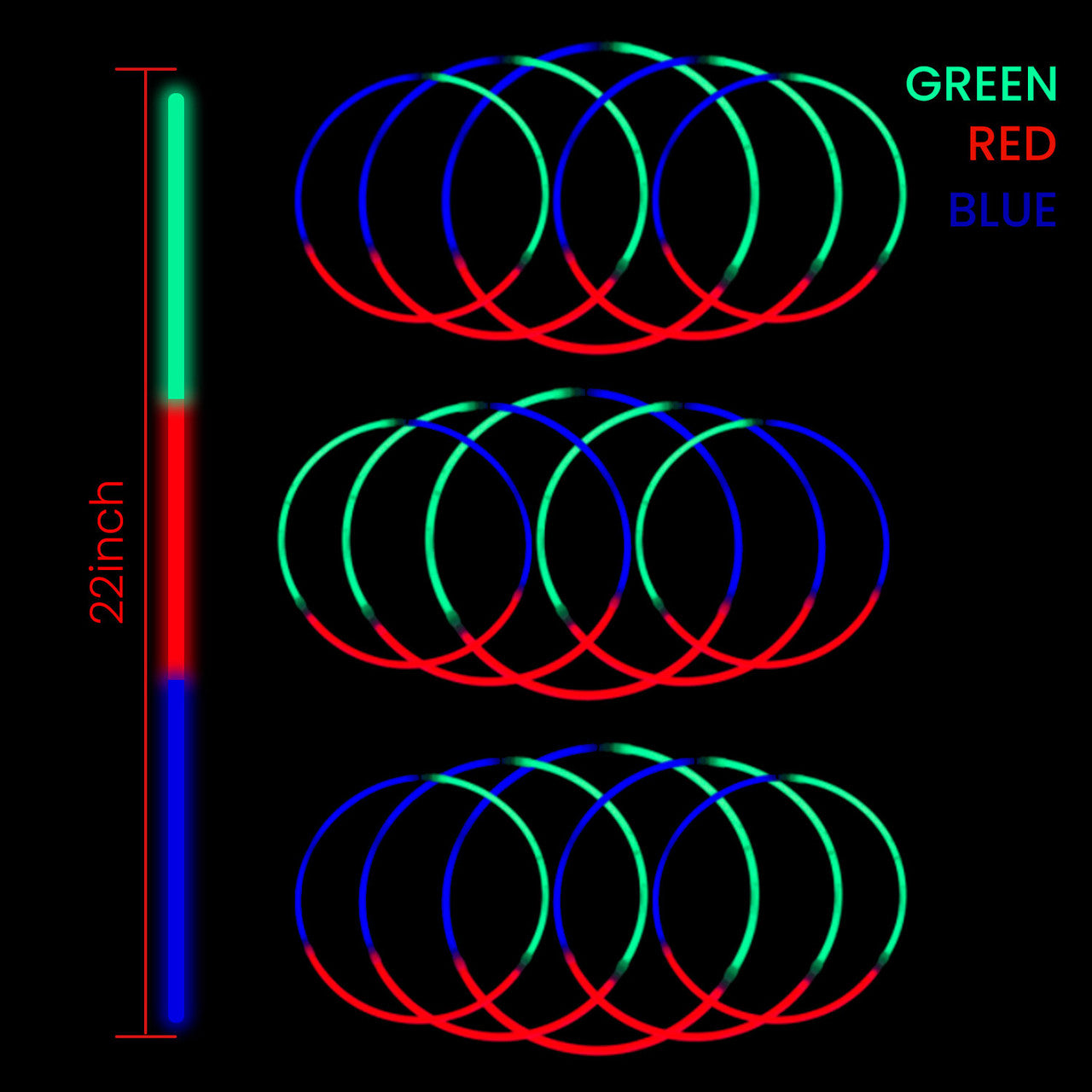 22" Premium Neon Glow Stick Necklaces - Tri-Colour (Red, Green & Blue)