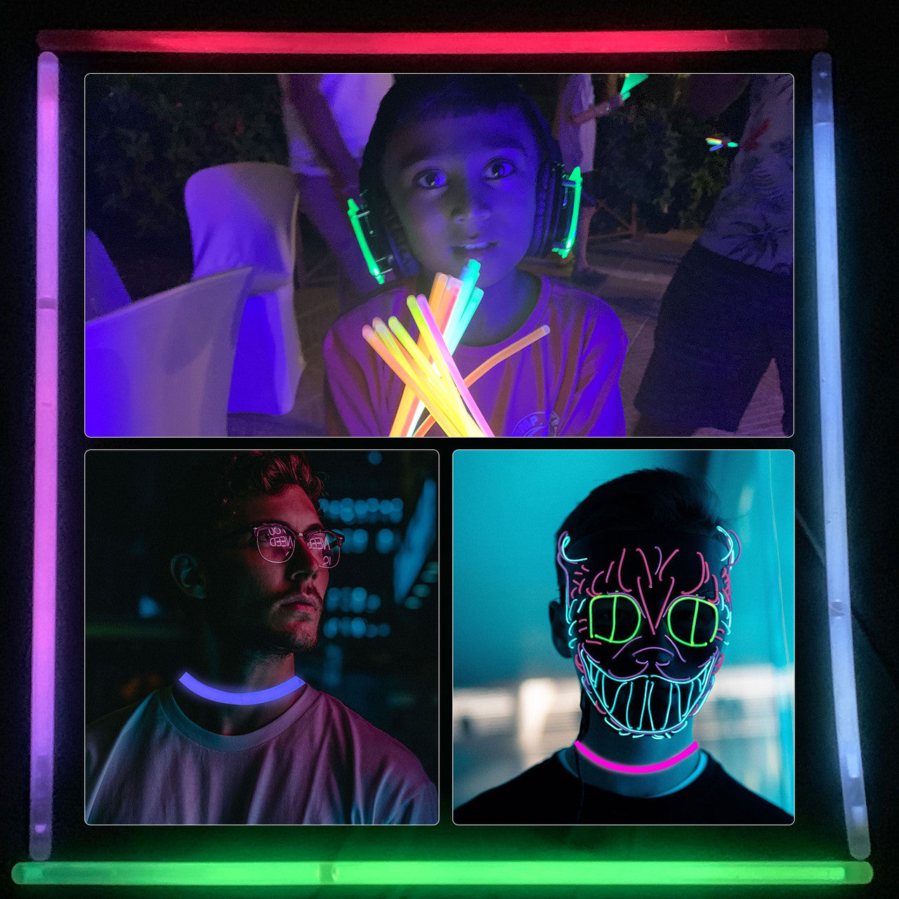 22" Premium Neon Glow Stick Necklaces - Tri-Colour (Red, Green & Blue)