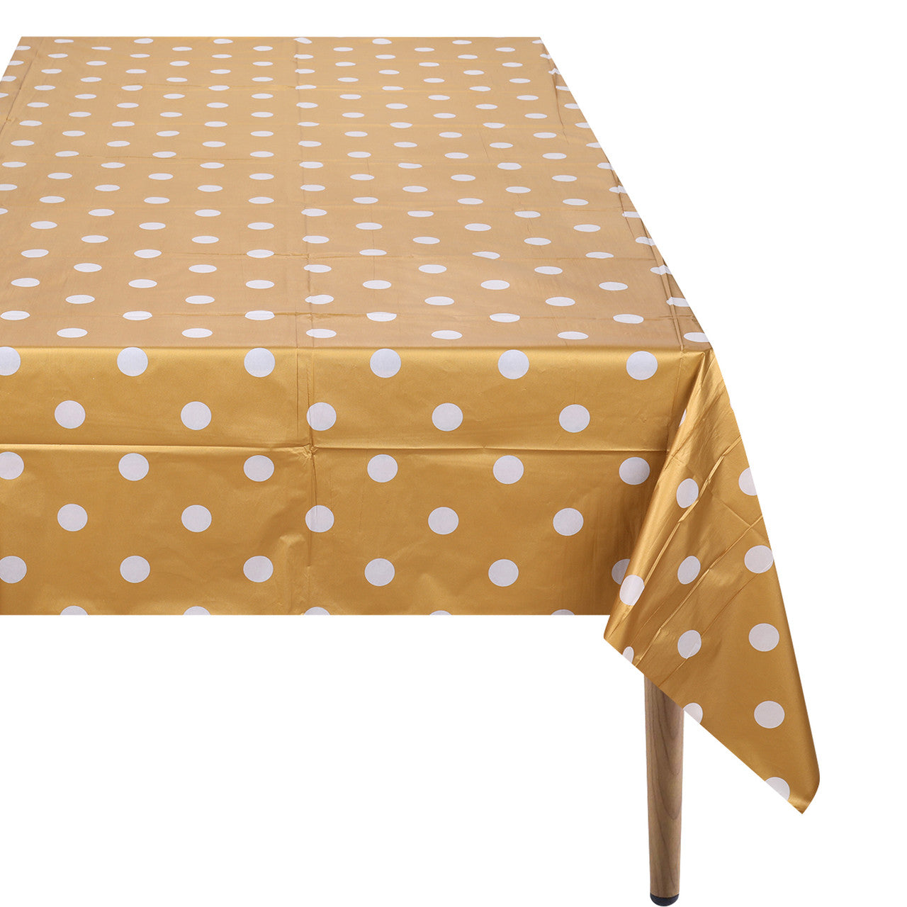 Rectangular Plastic Disposable Tablecloth - Gold - White Polka Dot Print