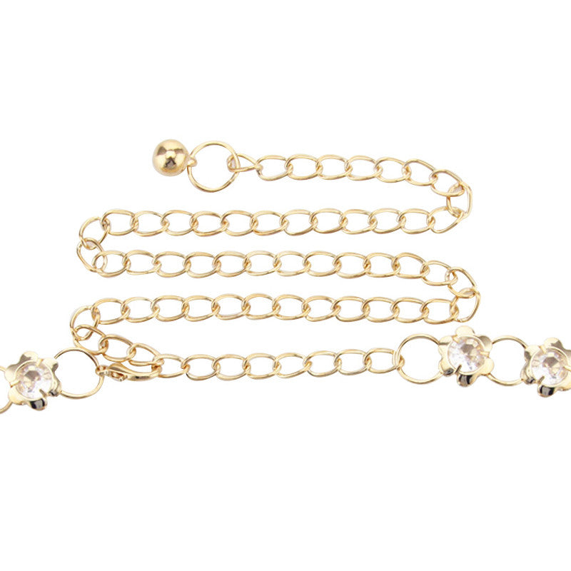 Diamante Flower Beads Belt - Gold