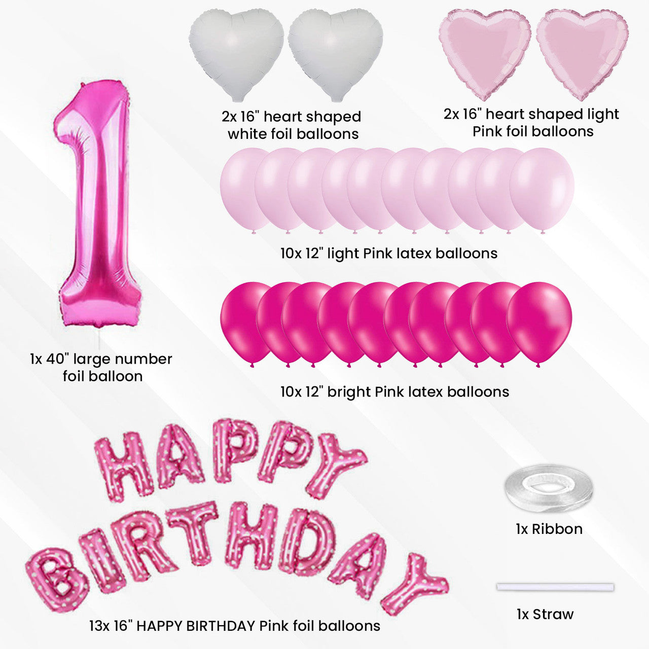Happy 1st Birthday Balloon Bundle - Pink