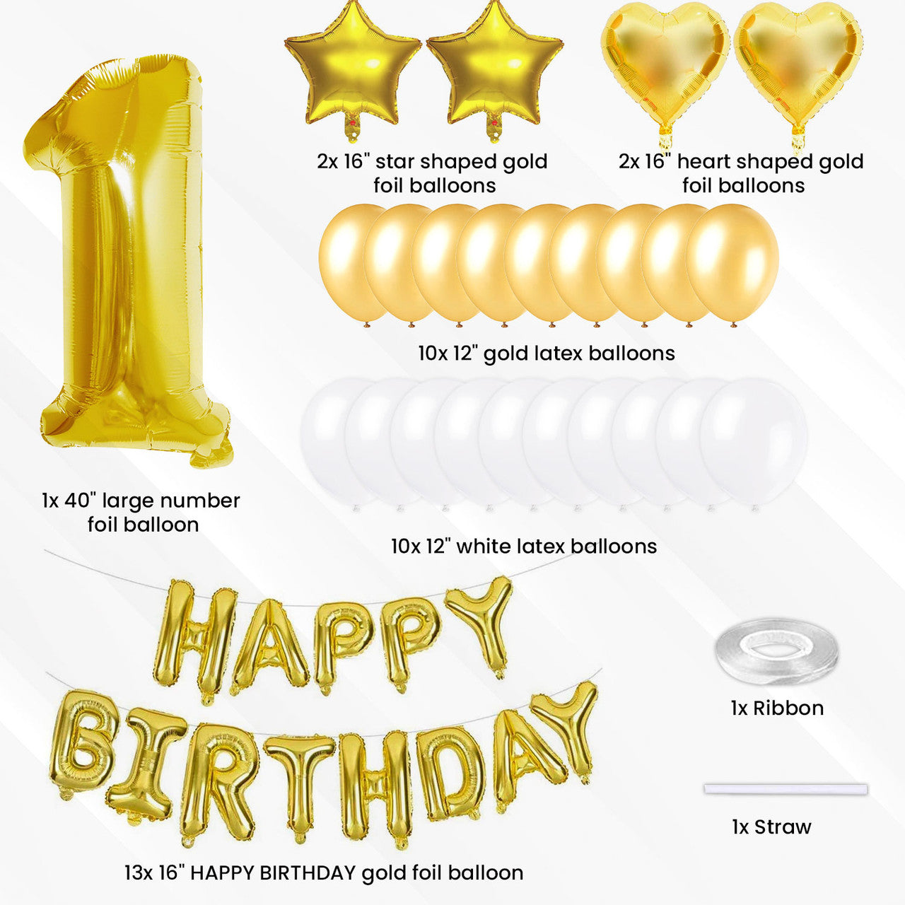 Happy 1st Birthday Balloon Bundle - Gold