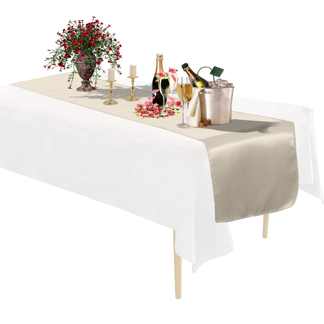 Plastic Tablecloth and Satin Table Runner Set - White & Ivory