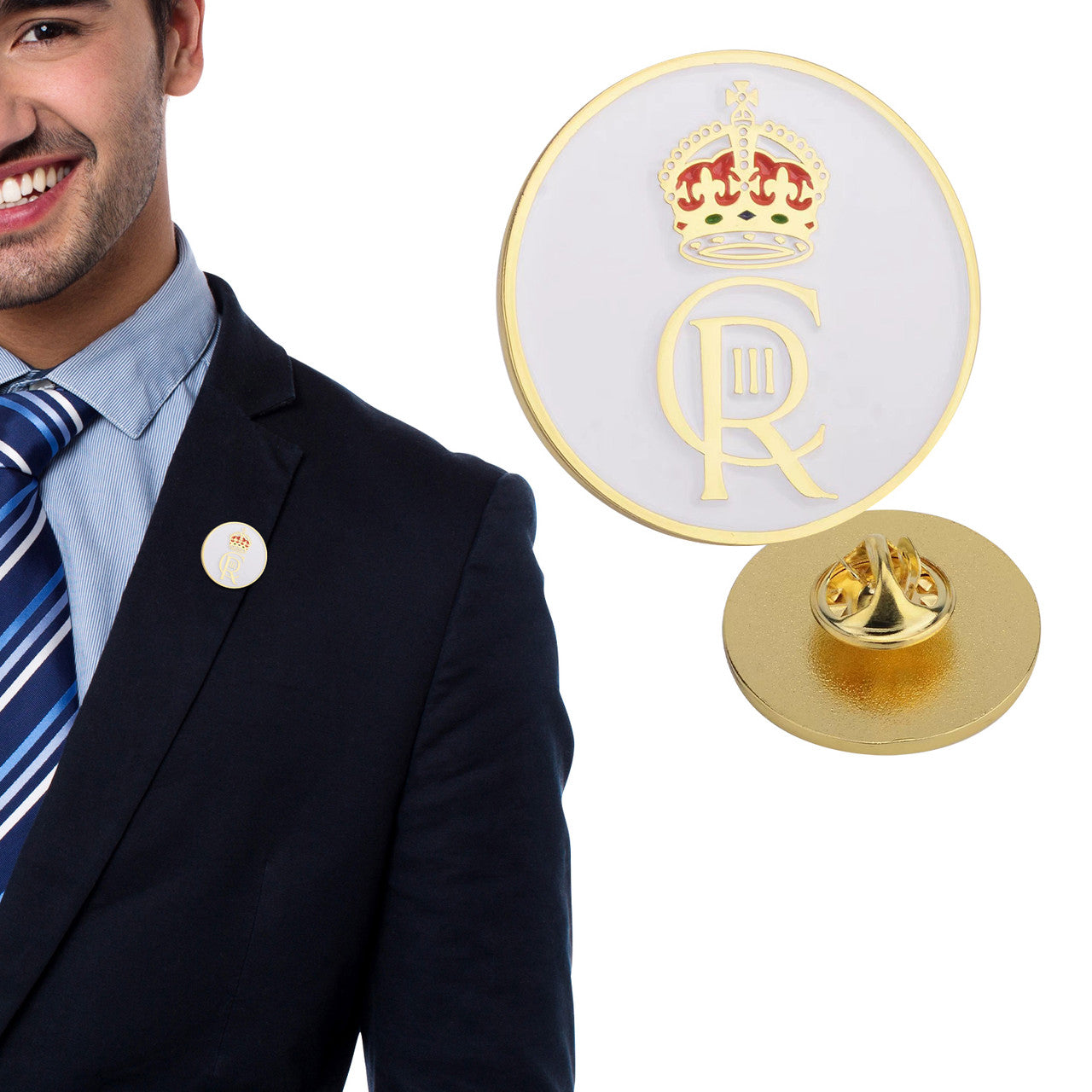 King Coronation Crown King Charles III Pin Badge - White Gold