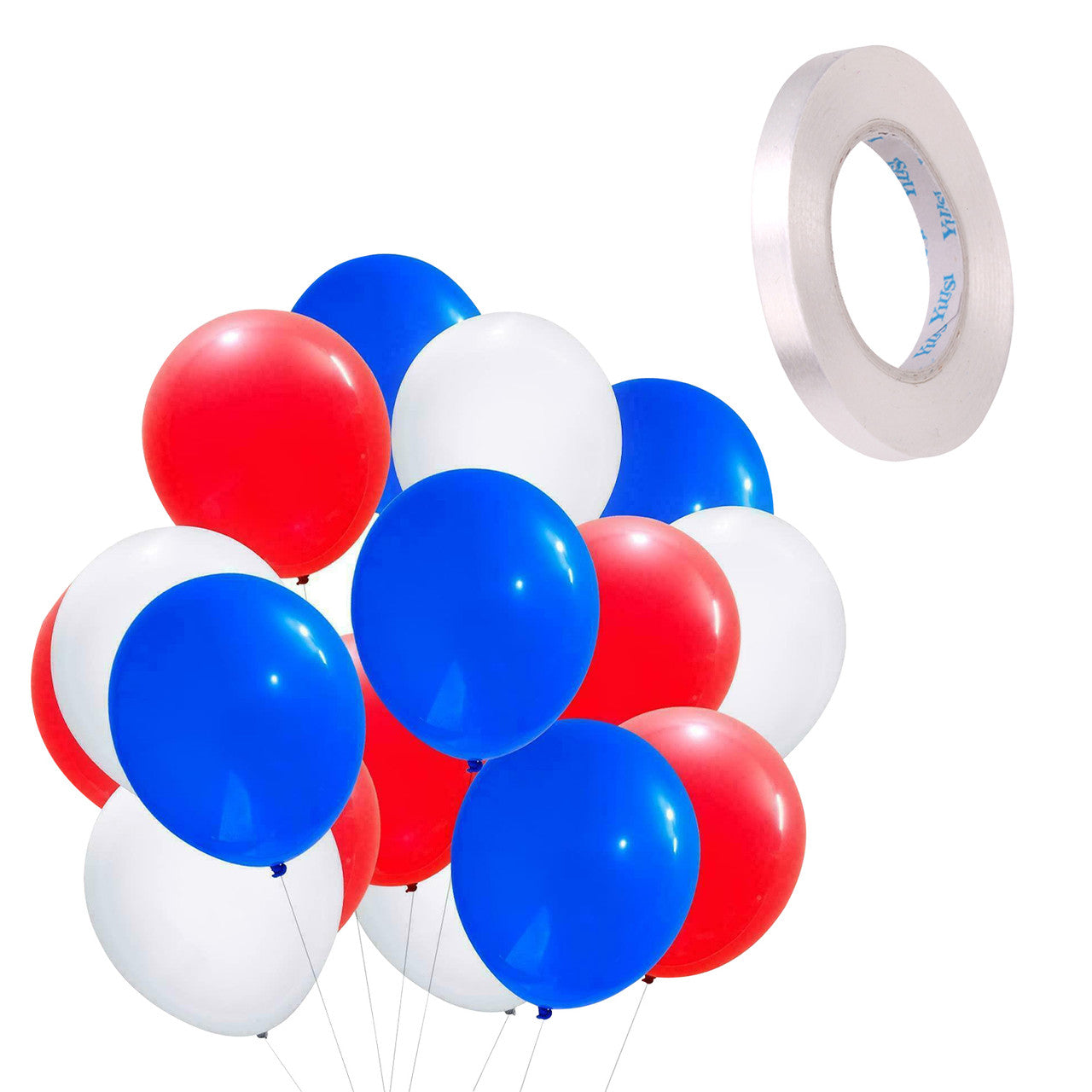 10pcs Red, White, Blue Balloons  & White Ribbon Set