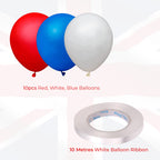 10pcs Red, White, Blue Balloons  & White Ribbon Set