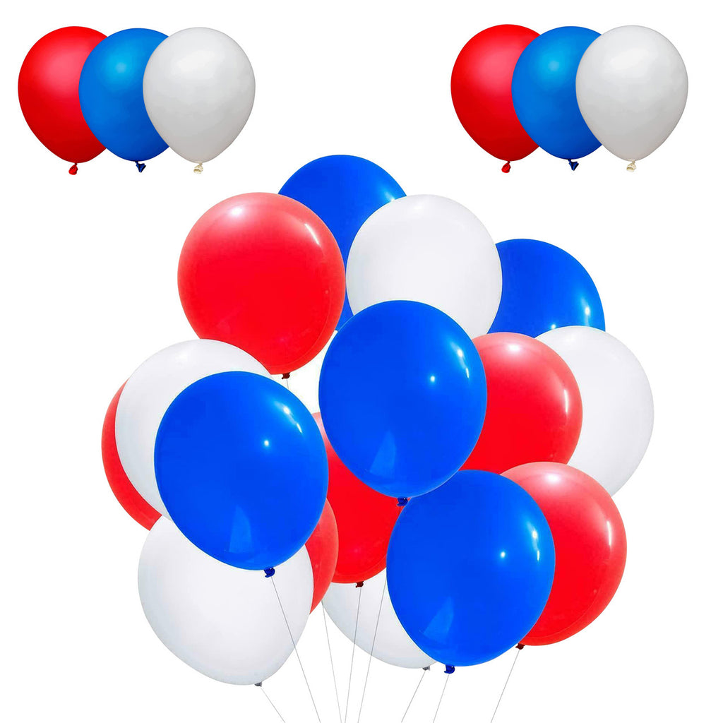 10pcs Red, White, Blue Balloons  & White Ribbon Set