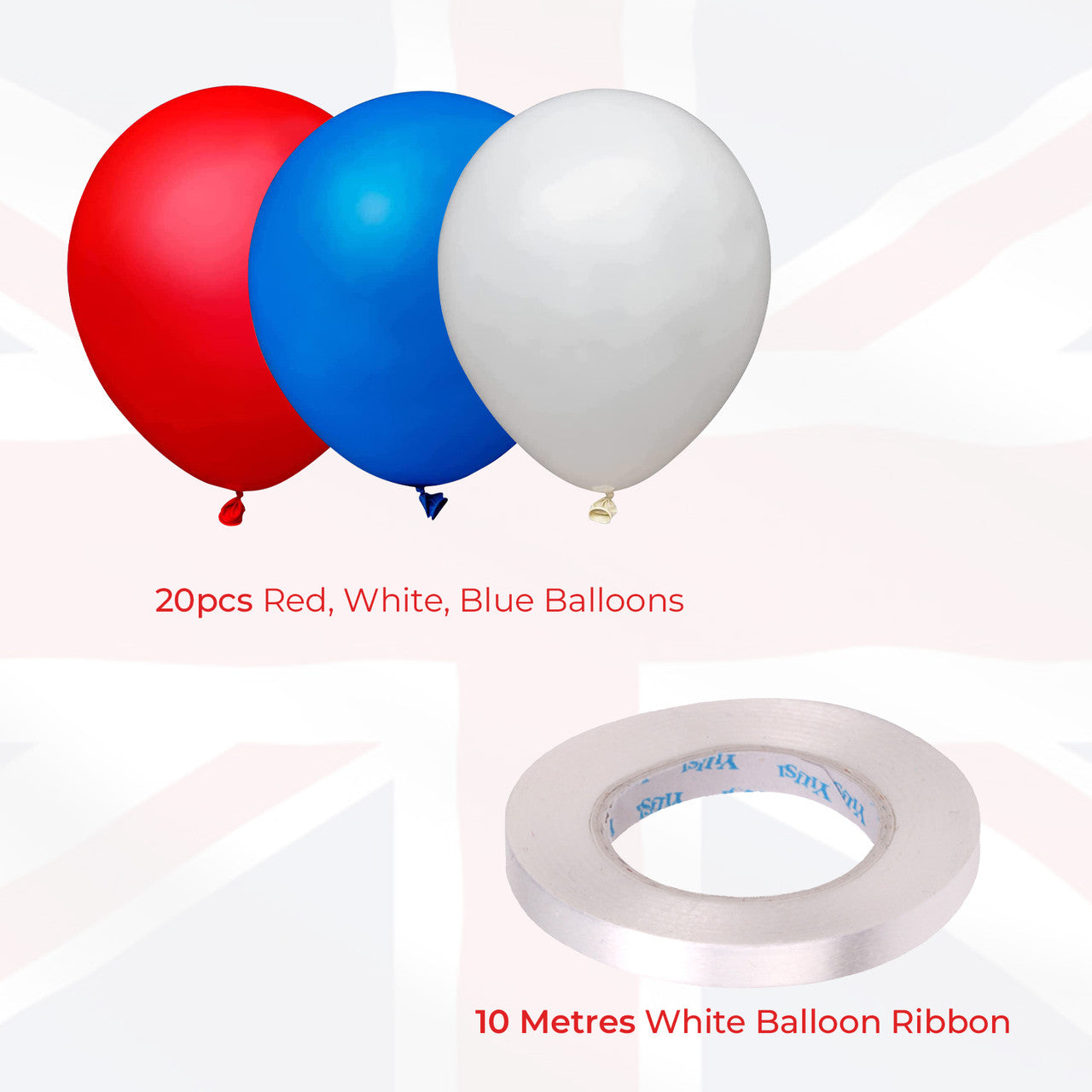 20pcs Red, White, Blue Balloons  & White Ribbon Set